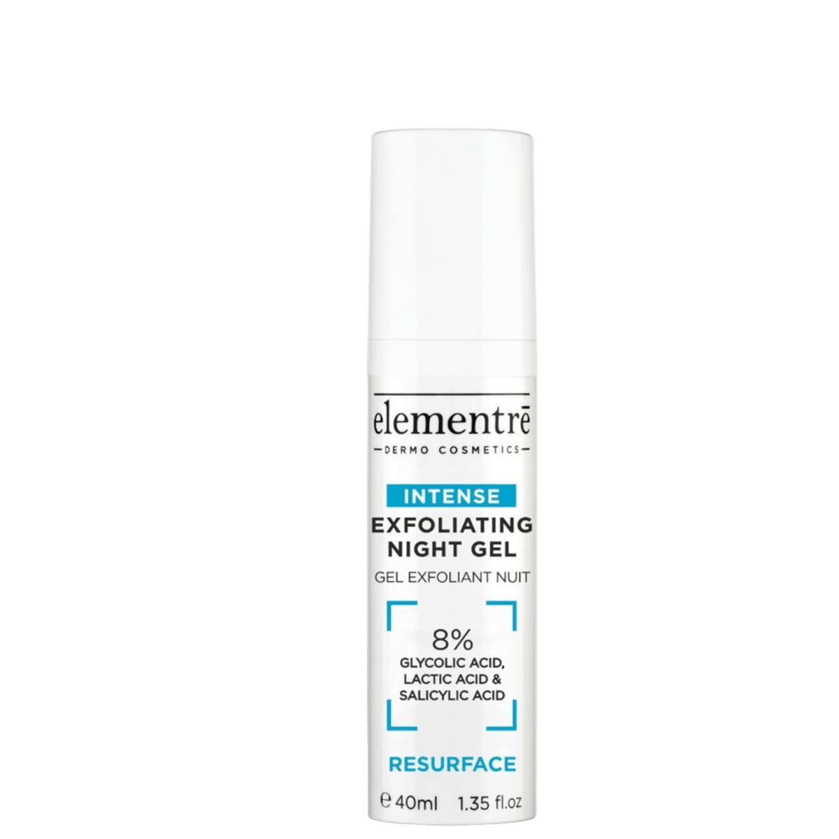 White cylindrical bottle of Elementre Resurface Intense Exfoliating Night Gel with blue and black text, containing glycolic, lactic, and salicylic acids, 40ml size
