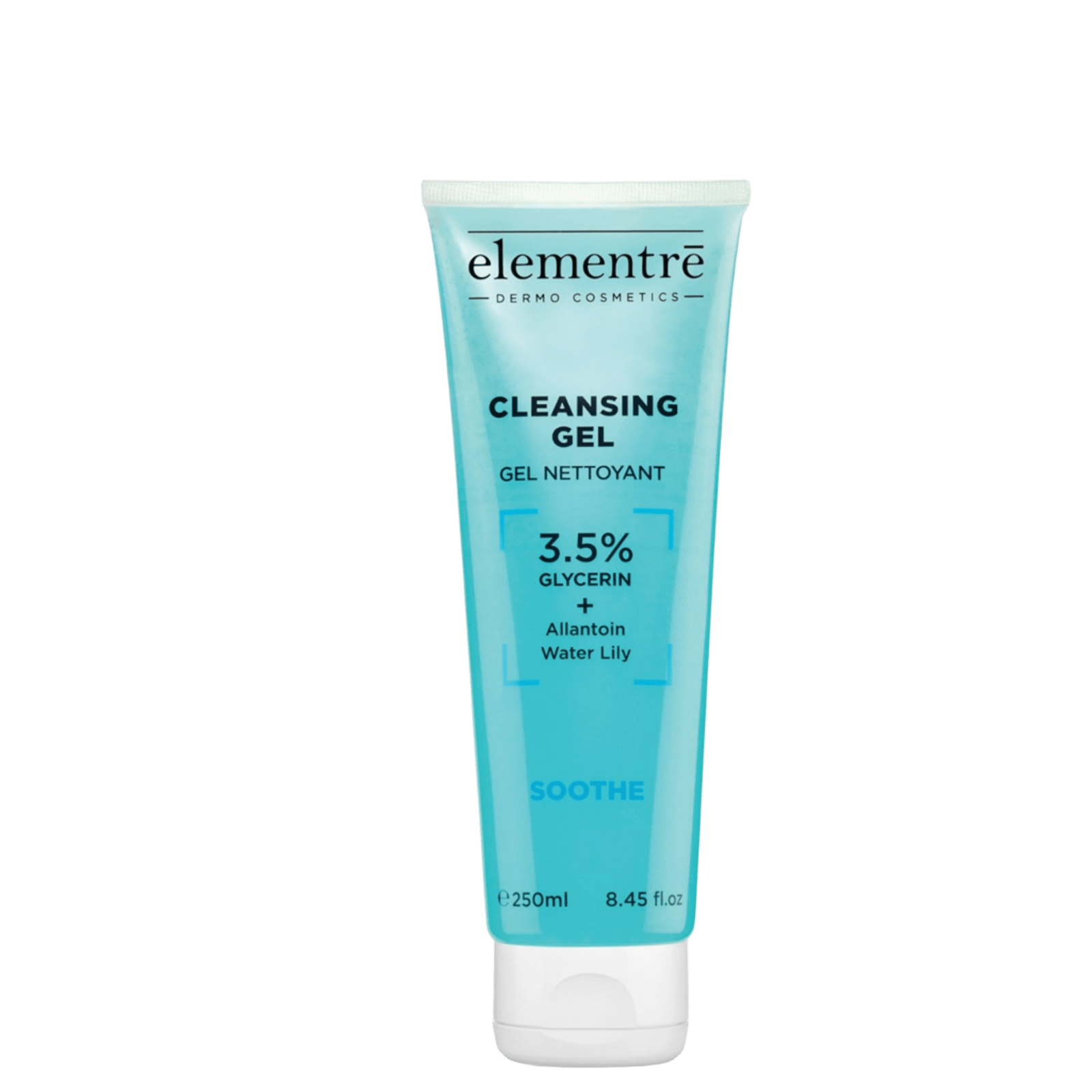 Elementre Soothe Cleansing Gel in a light blue tube with white cap, featuring black and blue text, designed for gentle cleansing and hydration, 250ml size.