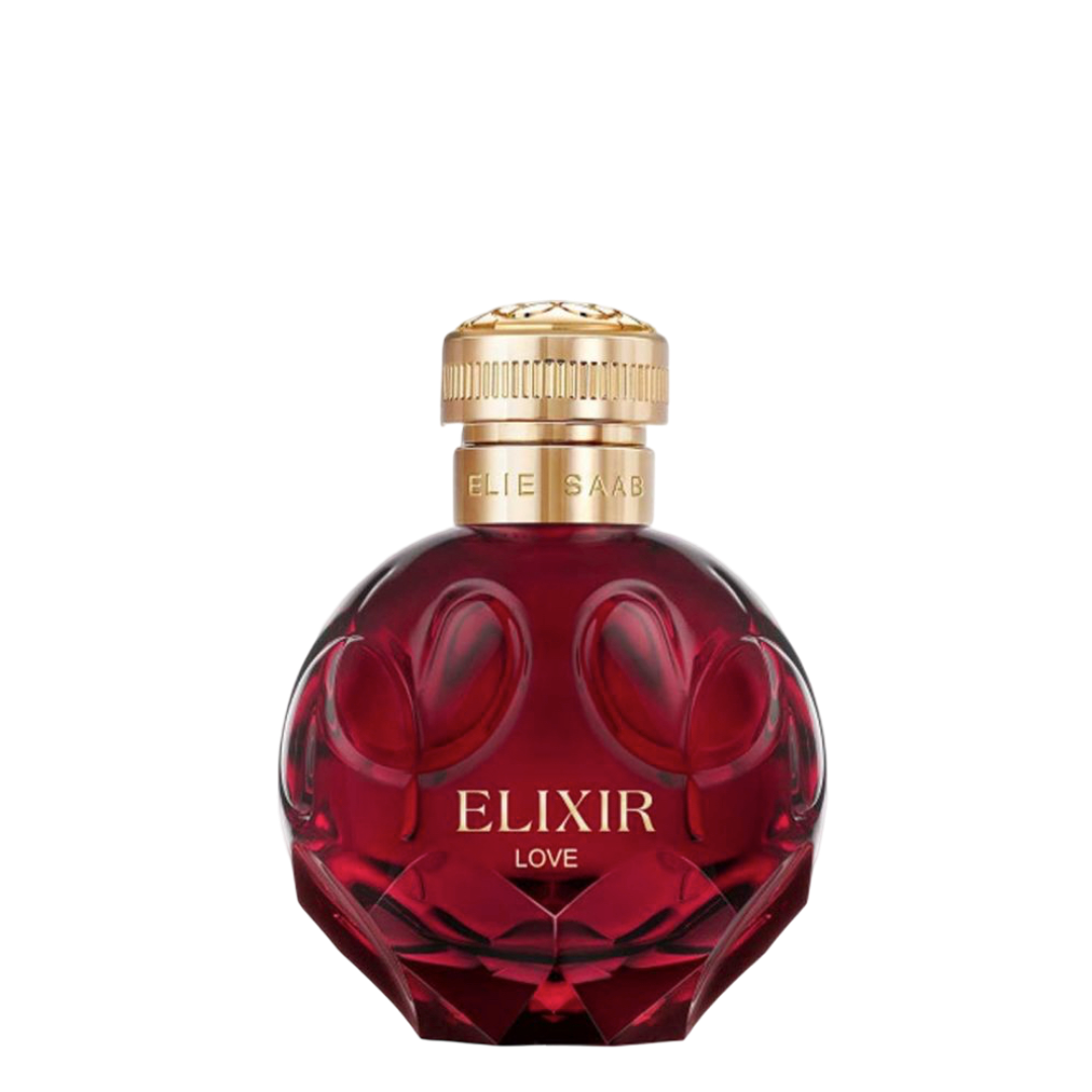 Elie Saab Elixir Love Perfume 90 ml in a deep red floral-engraved bottle with gold cap, ideal for women seeking a sensual floral fragrance.