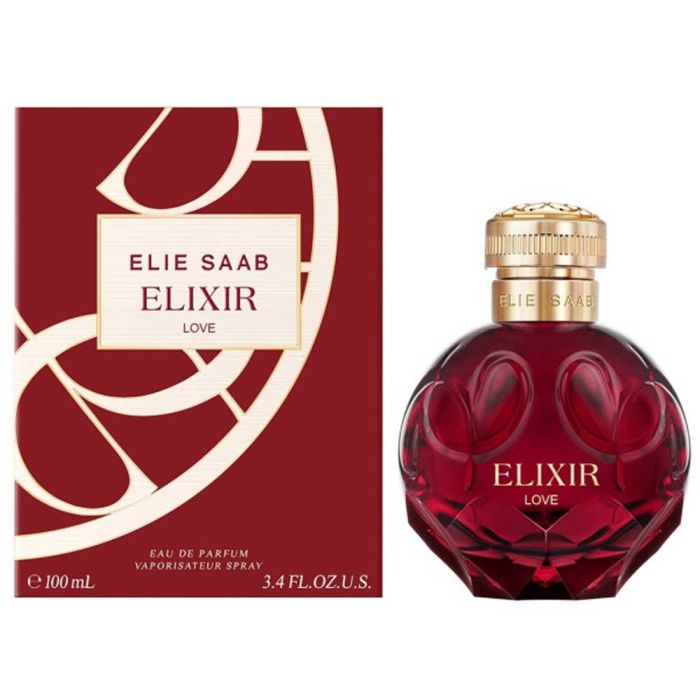 Elie Saab Elixir Love EDP 100 ml with matching red and gold packaging, showcasing a luxurious floral cherry scent for women.
