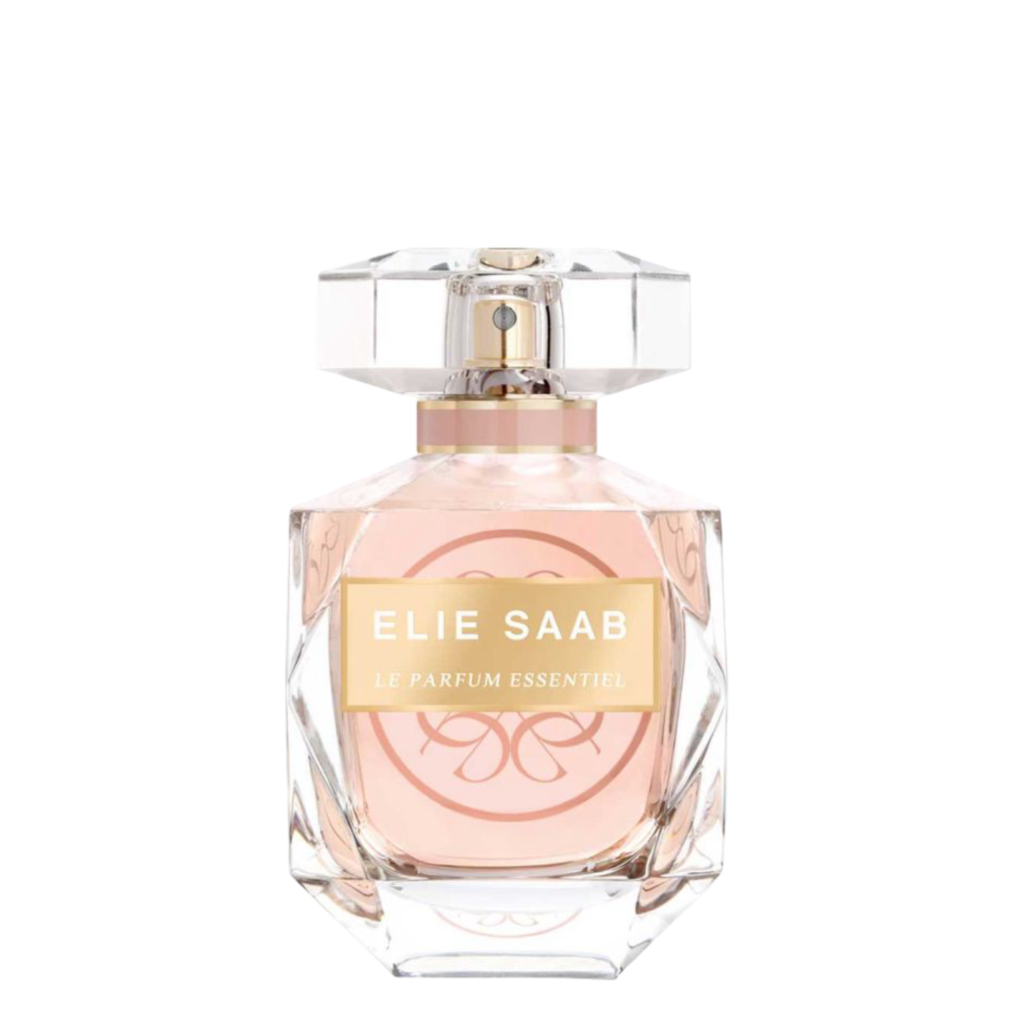 Elie Saab Le Parfum Essentiel 90ml EDP bottle with elegant faceted glass design and soft pink fragrance, ideal for luxury perfume collections.