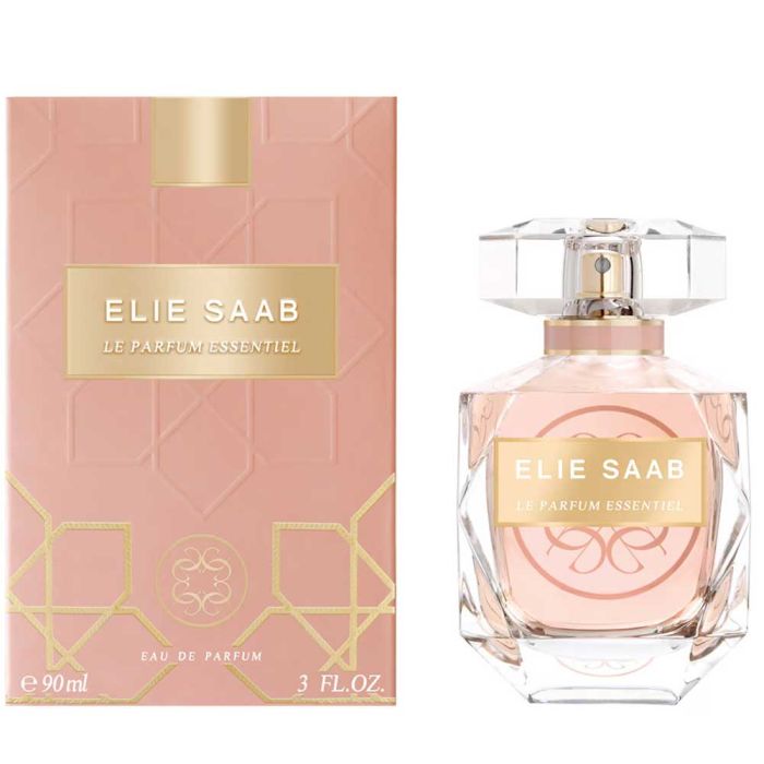 Elie Saab Le Parfum Essentiel 90ml EDP with matching blush pink and gold packaging, perfect for gifting or personal fragrance use.