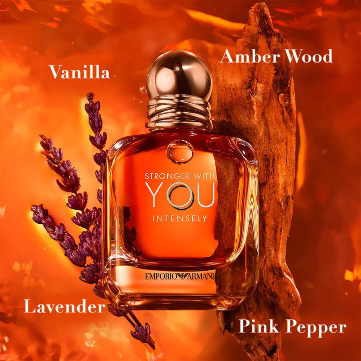Armani Stronger With You Perfume featuring key notes of vanilla, amber wood, lavender, and pink pepper, ideal for men’s oriental fragrance lovers.