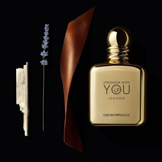 Armani Stronger With You Leather EDP 100 ml with lavender, leather, and oud ingredients, showcasing its bold and warm masculine fragrance notes.