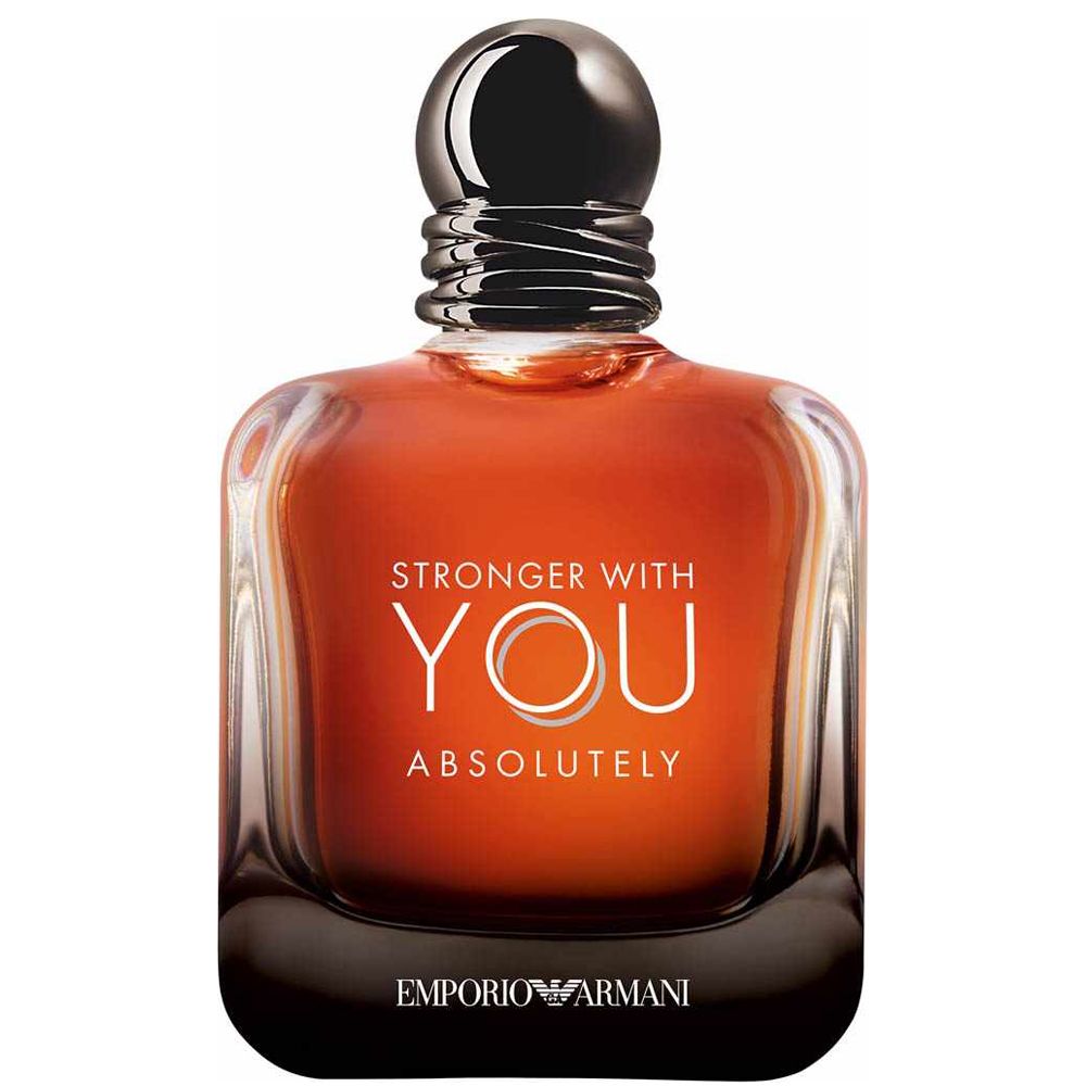 Emporio Armani Stronger With You Absolutely Parfum 100 ml bottle featuring amber gradient glass and bold white lettering.