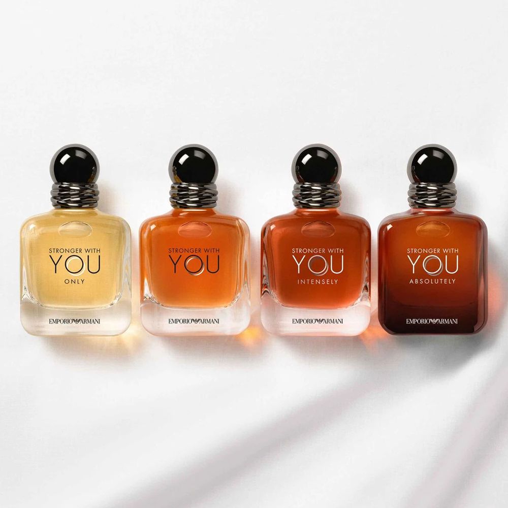 Emporio Armani Stronger With You fragrance collection featuring four variants including Absolutely, Intensely, and Only.