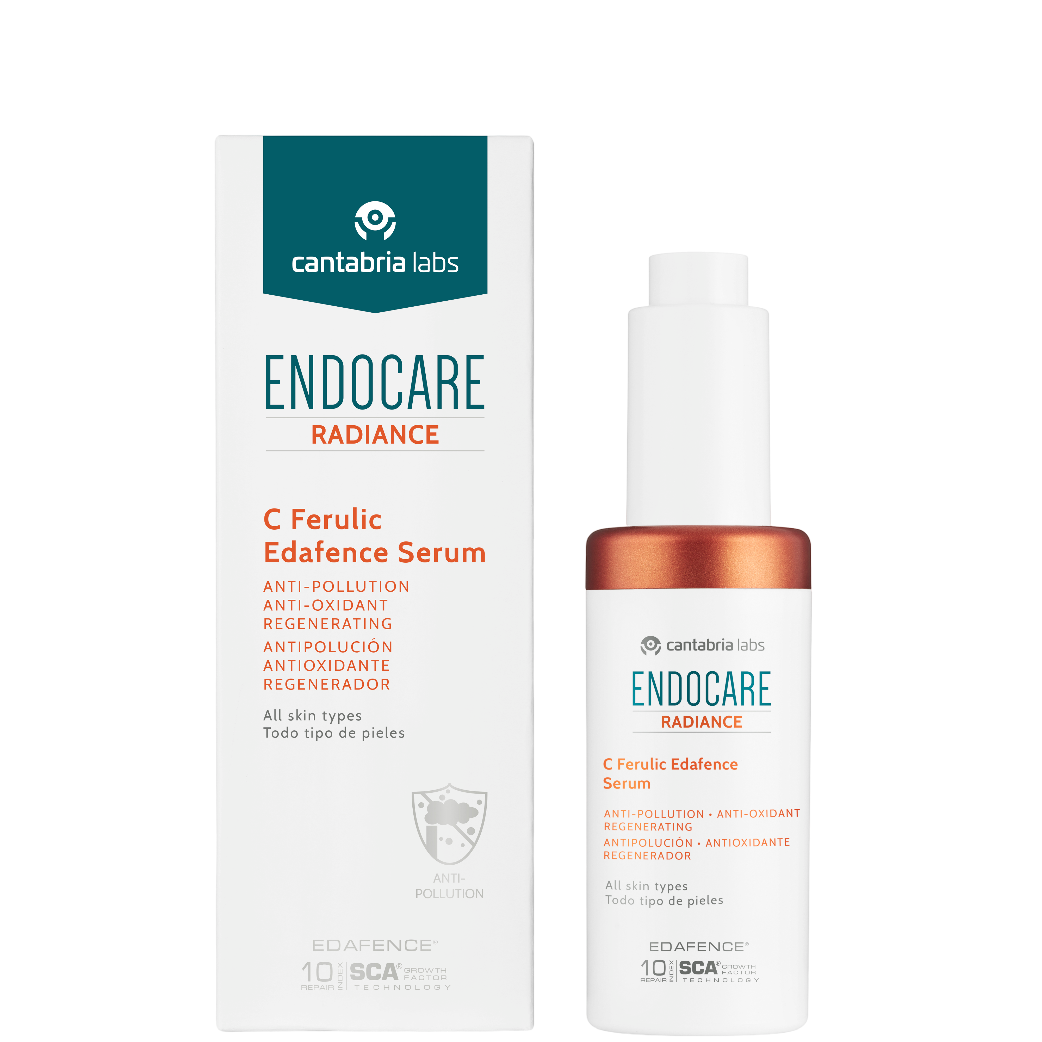 Endocare Radiance C Ferulic Edafence Serum 30 ml with packaging, ideal for all skin types. Antioxidant facial serum enhances radiance and skin barrier.