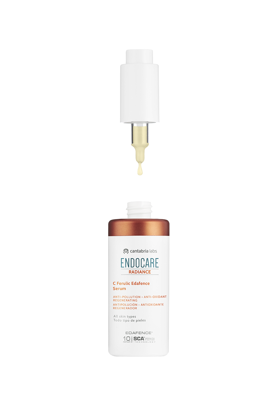 Opened Endocare Radiance C Ferulic Serum bottle with dropper, showing lightweight texture. Perfect for sensitive skin and daily antioxidant skincare.