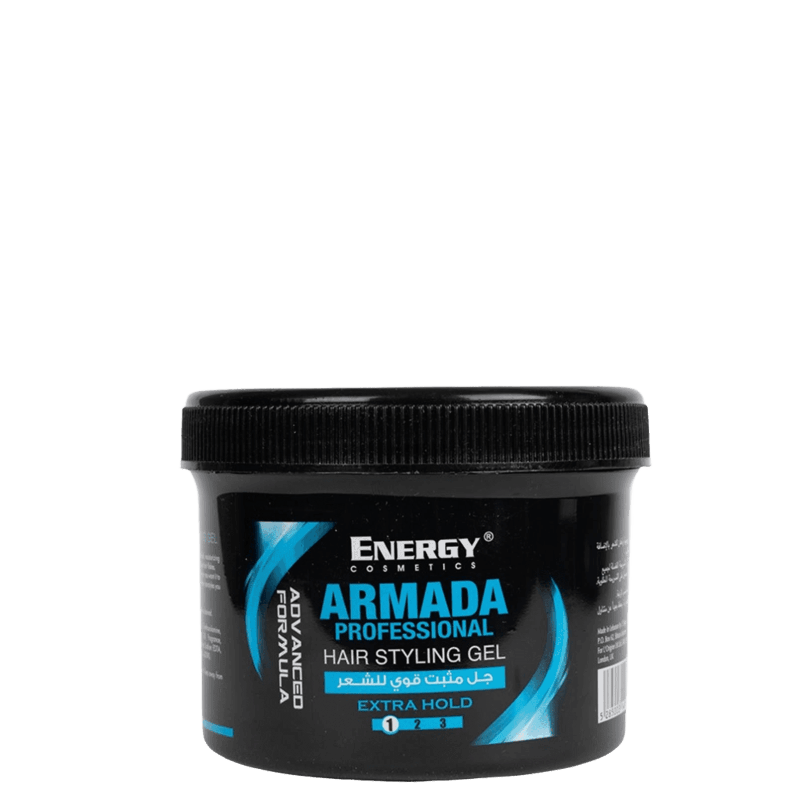 Black container of Energy Armada Hair Styling Gel extra hold with blue and white label, 500 ml size, designed for strong hold and styling control