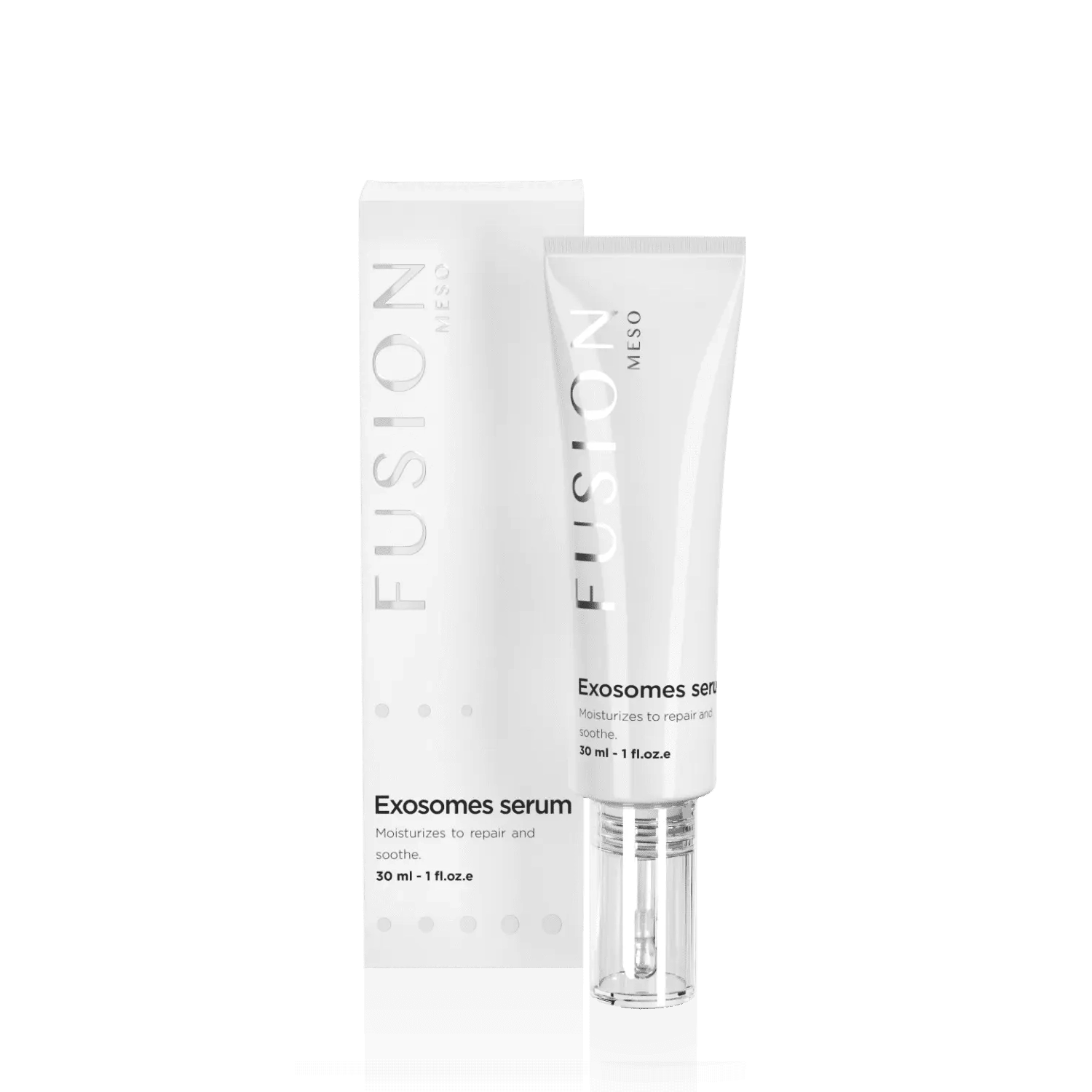 Fusion Meso Exosomes Serum 30 ml with packaging, designed for skin renewal, hydration, and anti-aging in facial skincare routines.