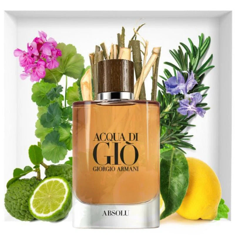 Giorgio Armani Acqua Di Gio Absolu EDP 100 ml surrounded by bergamot, rosemary, and floral elements, showcasing its fresh and musky scent blend.