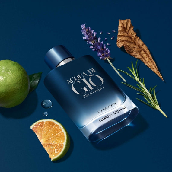 Giorgio Armani Acqua Di Gio Profondo EDP bottle with citrus, lavender, and rosemary, highlighting its aromatic fougere scent profile.