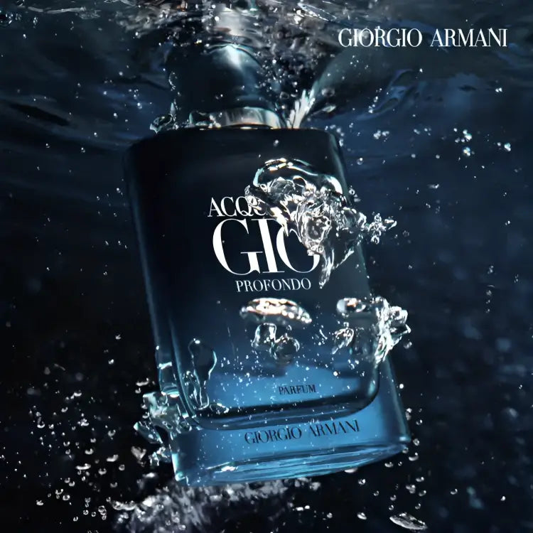 Giorgio Armani Acqua Di Gio Profondo EDP bottle submerged in water, showcasing its deep sea-inspired essence and luxurious design.