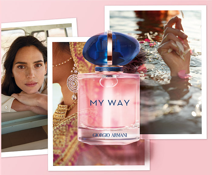 Giorgio Armani My Way - Perfume | Floral Fragrance 90ml featured with lifestyle imagery, emphasizing its global and elegant essence.