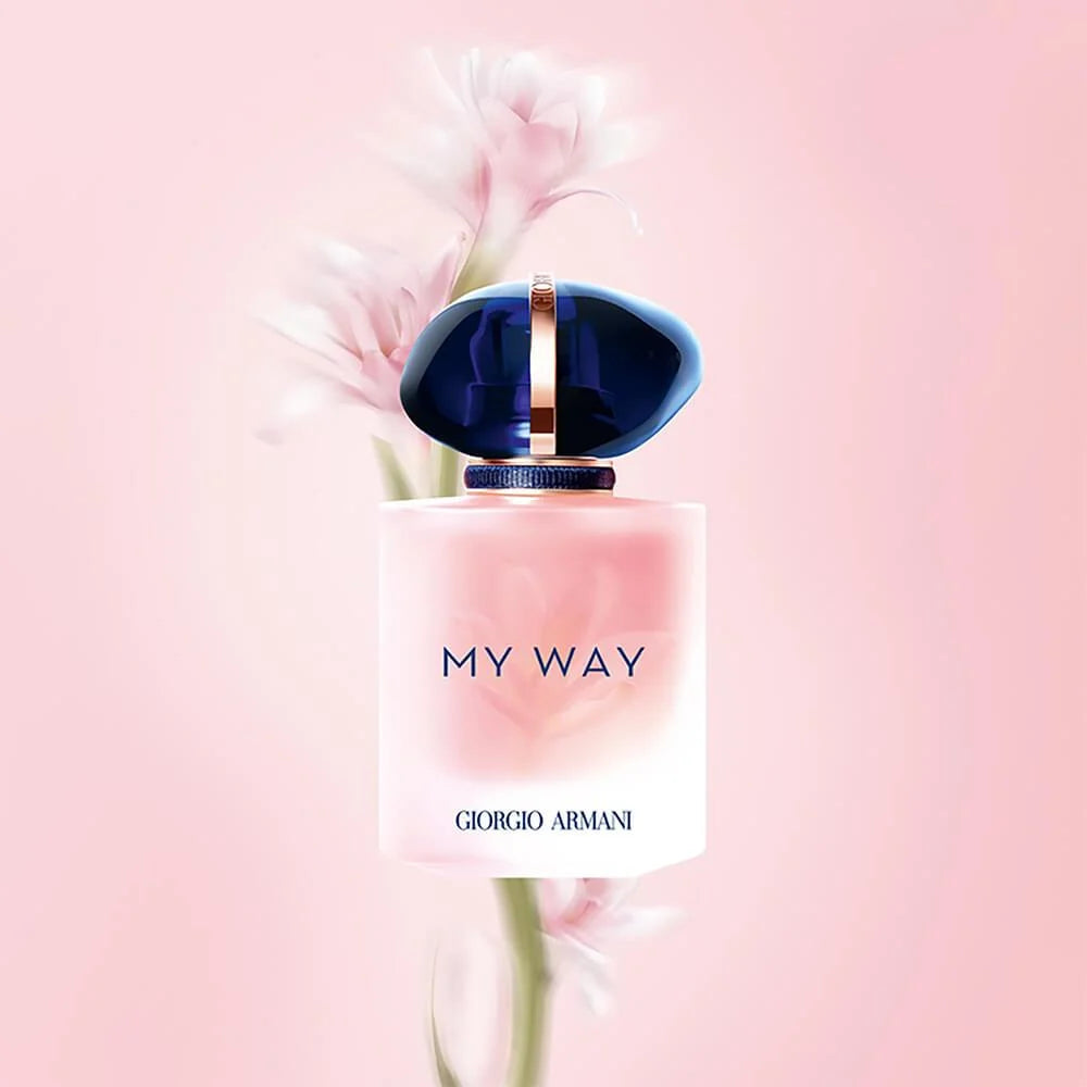 Giorgio Armani My Way - Perfume | Floral Fragrance 90ml bottle displayed with soft floral background, highlighting its feminine scent profile.