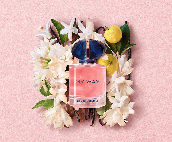 Giorgio Armani My Way - Perfume | Floral Fragrance 90ml surrounded by jasmine, vanilla, and citrus, highlighting its natural floral ingredients.