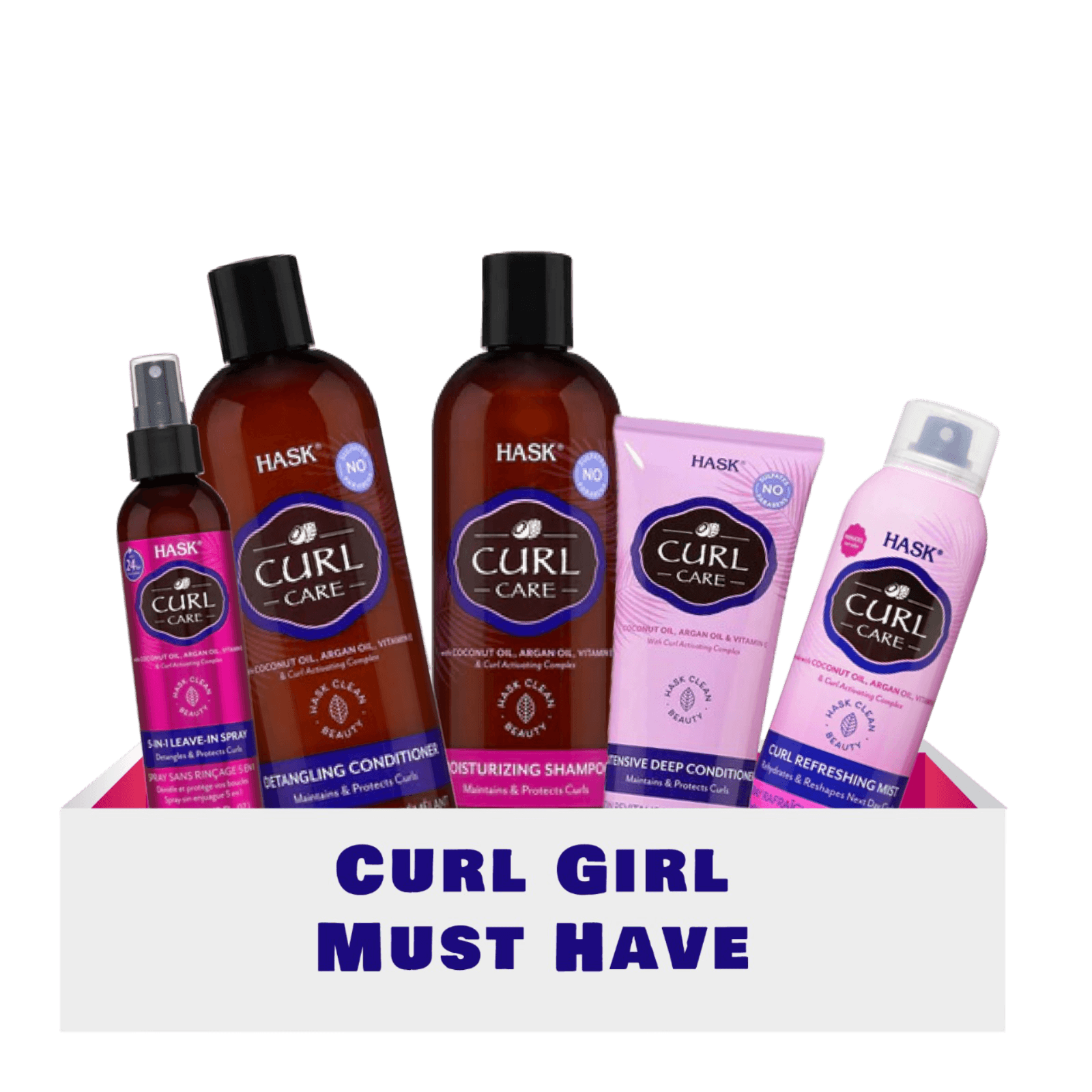 Hask Curl Girl Must Have Essentials Kit featuring shampoo, conditioner, leave-in spray, curl cream, and refreshing mist for defined, hydrated curls.