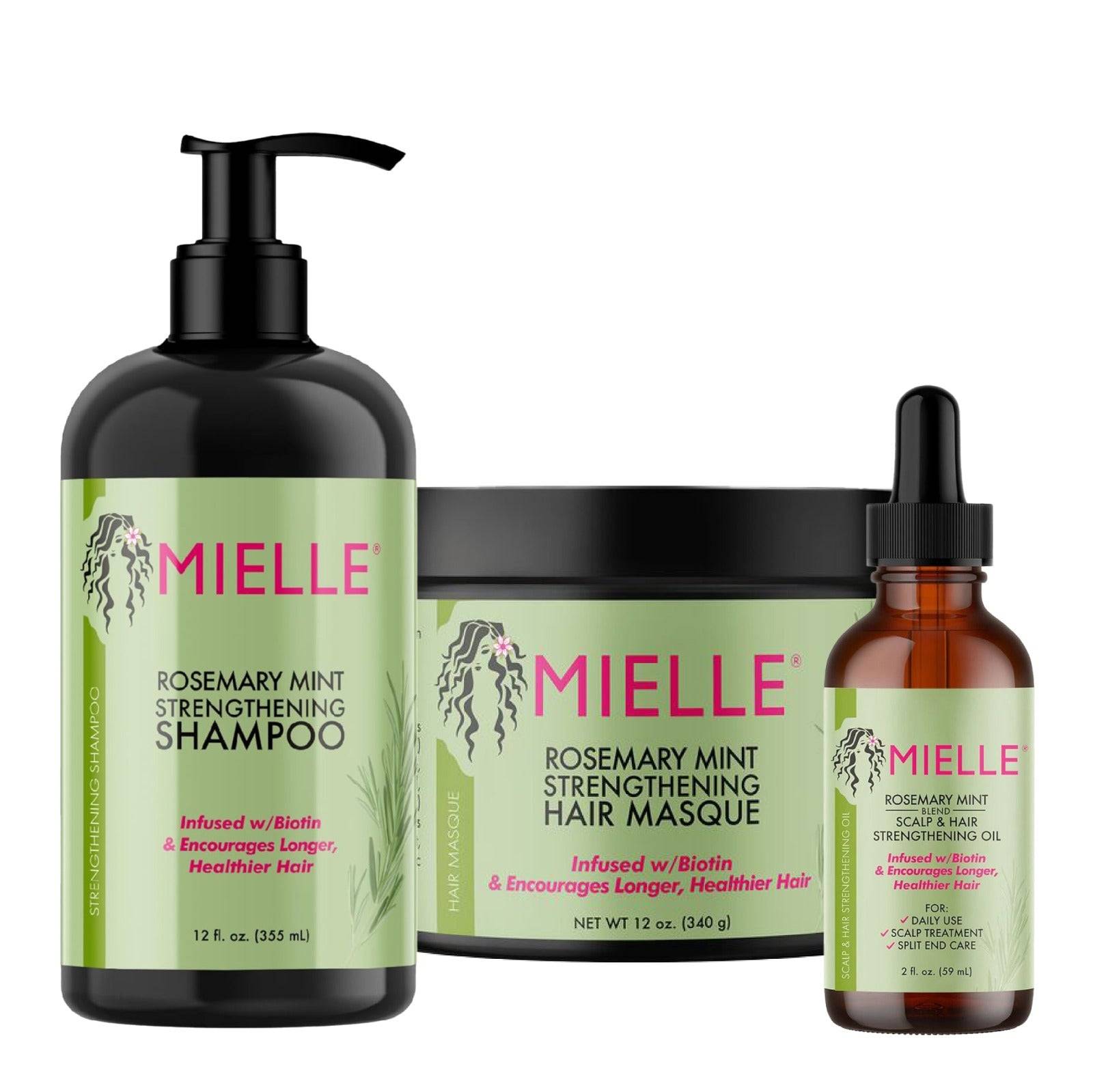 Mielle Restrength My Hair & Scalp Kit featuring rosemary mint strengthening shampoo, hair masque, and scalp & hair strengthening oil. Infused with biotin for healthier, longer hair.