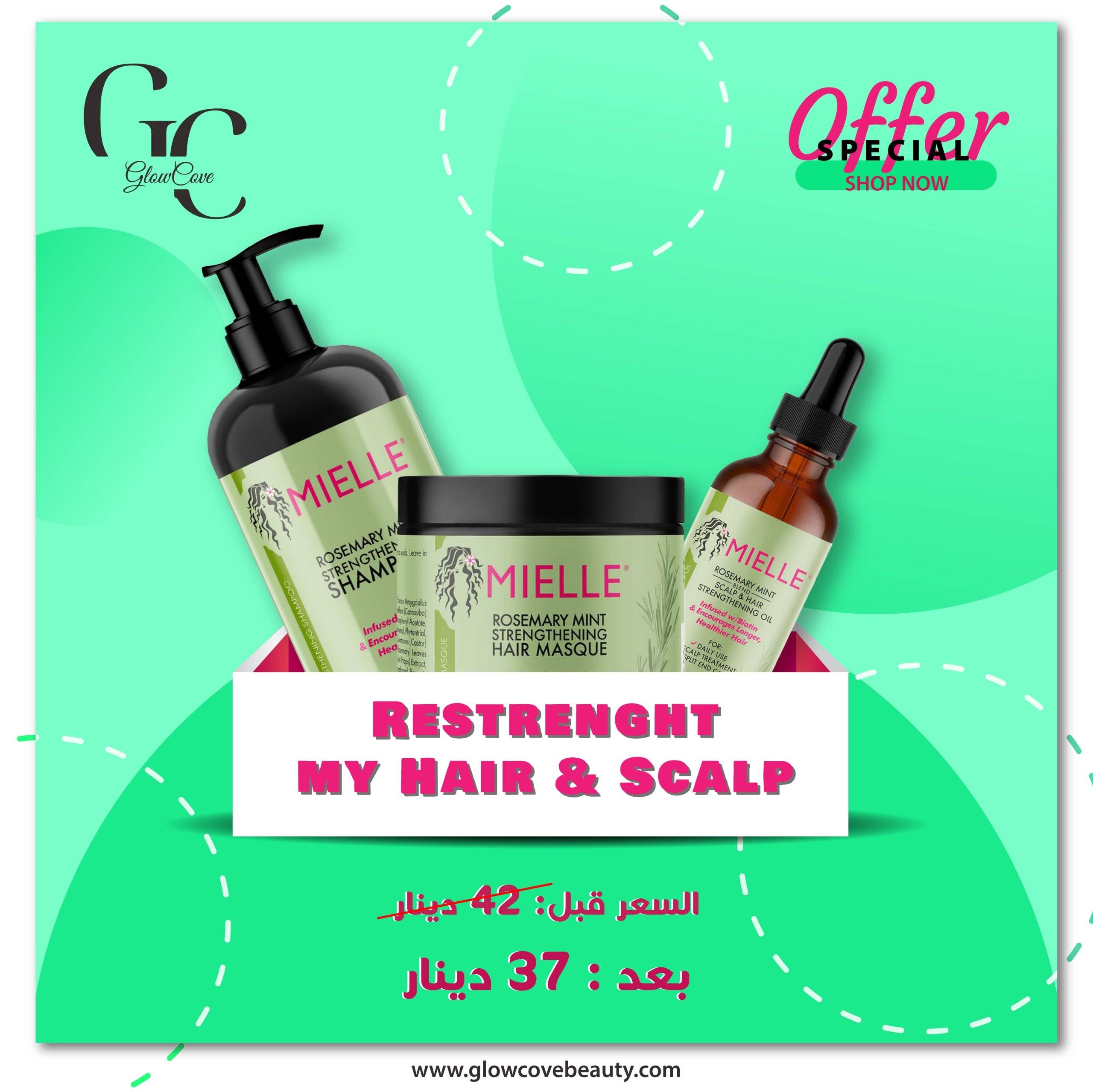 Mielle Restrength My Hair & Scalp Kit featuring rosemary mint shampoo, strengthening hair masque, and scalp oil. Nourishes, repairs, and promotes hair growth.