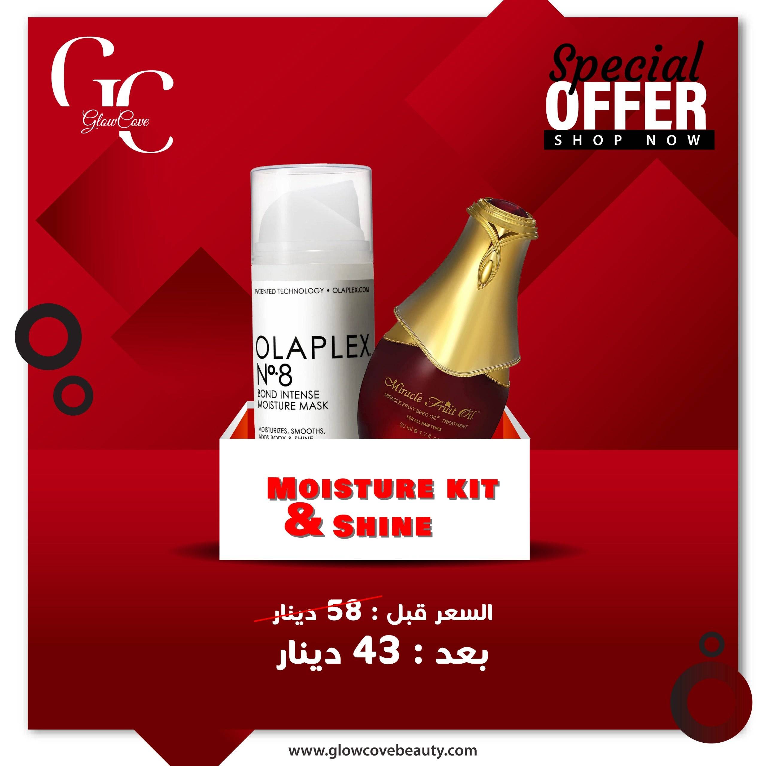 Olaplex X Miracle Fruit Moisture & Shine Hair Kit featuring Olaplex No.8 Bond Intense Moisture Mask and Miracle Fruit Oil. Special offer price 43 dinars, down from 58 dinars.