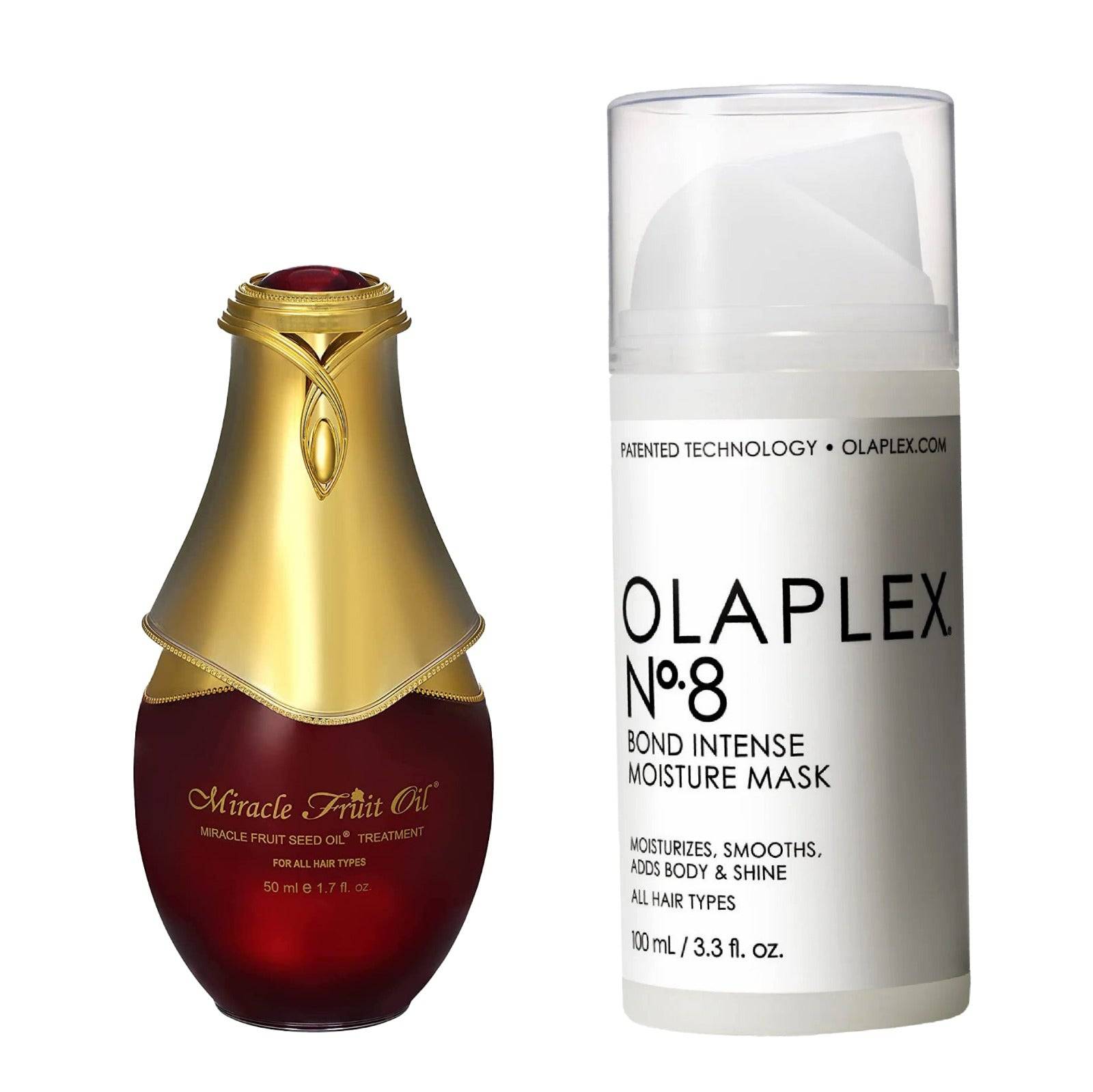Olaplex X Miracle Fruit Moisture & Shine Hair Kit featuring Olaplex No. 8 Bond Intense Moisture Mask and Miracle Fruit Seed Oil Treatment for deep hydration and shine.