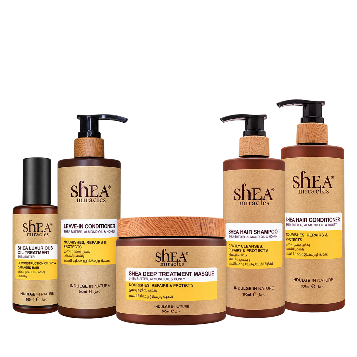 Shea Miracles Full Hydration Hair Kit with shampoo, conditioner, masque, and leave-in treatment bottles in brown and black packaging