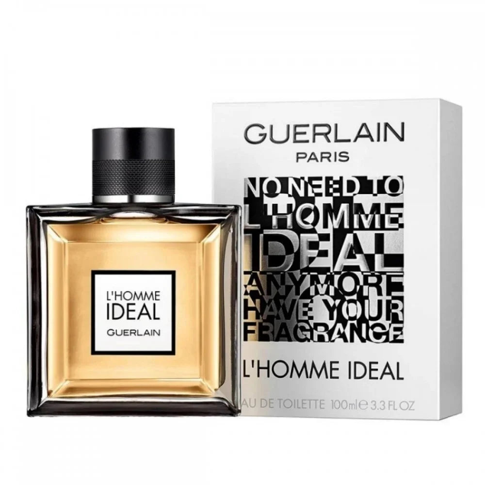 Guerlain L'Homme Ideal Eau De Toilette 100ml with branded box packaging, showcasing a masculine citrus and woody leather fragrance for men.