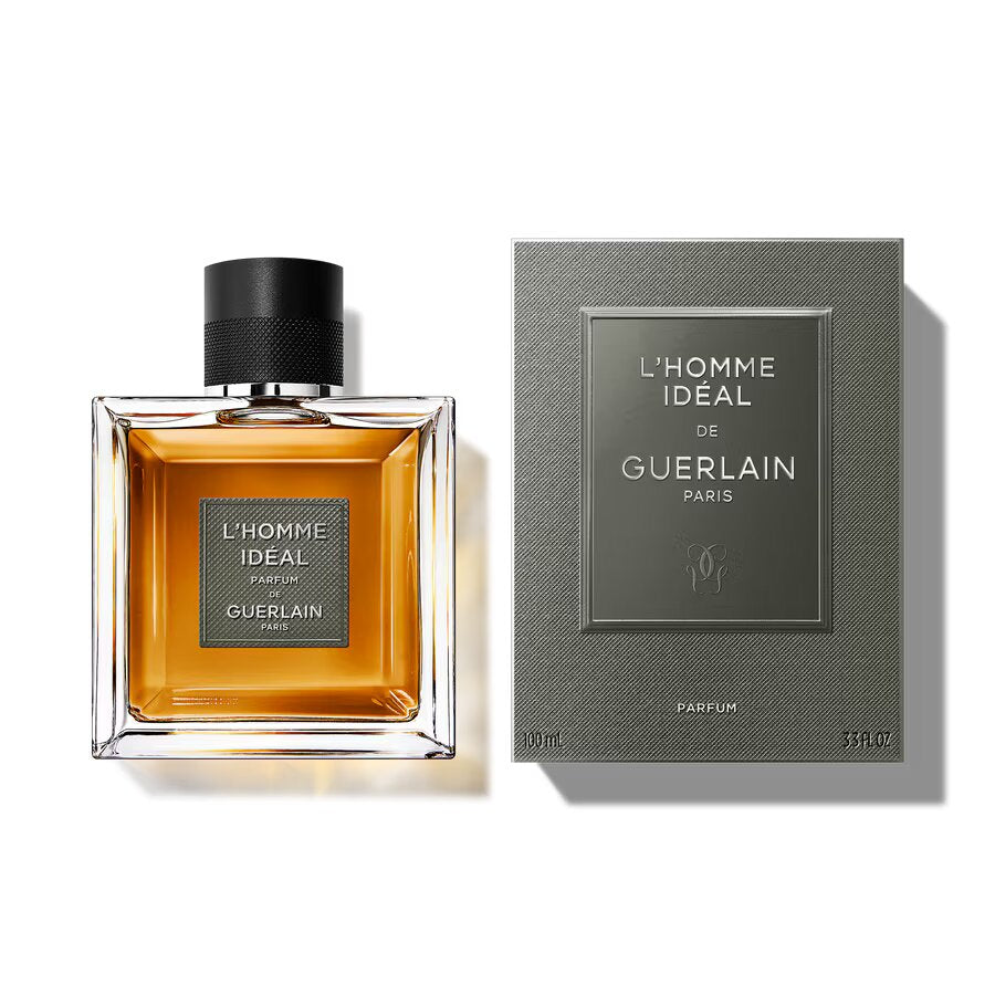 Guerlain L'Homme Ideal Parfum 100ml with box, a luxurious men's eau de parfum blending amaretto, musk, and leather in a refined presentation.