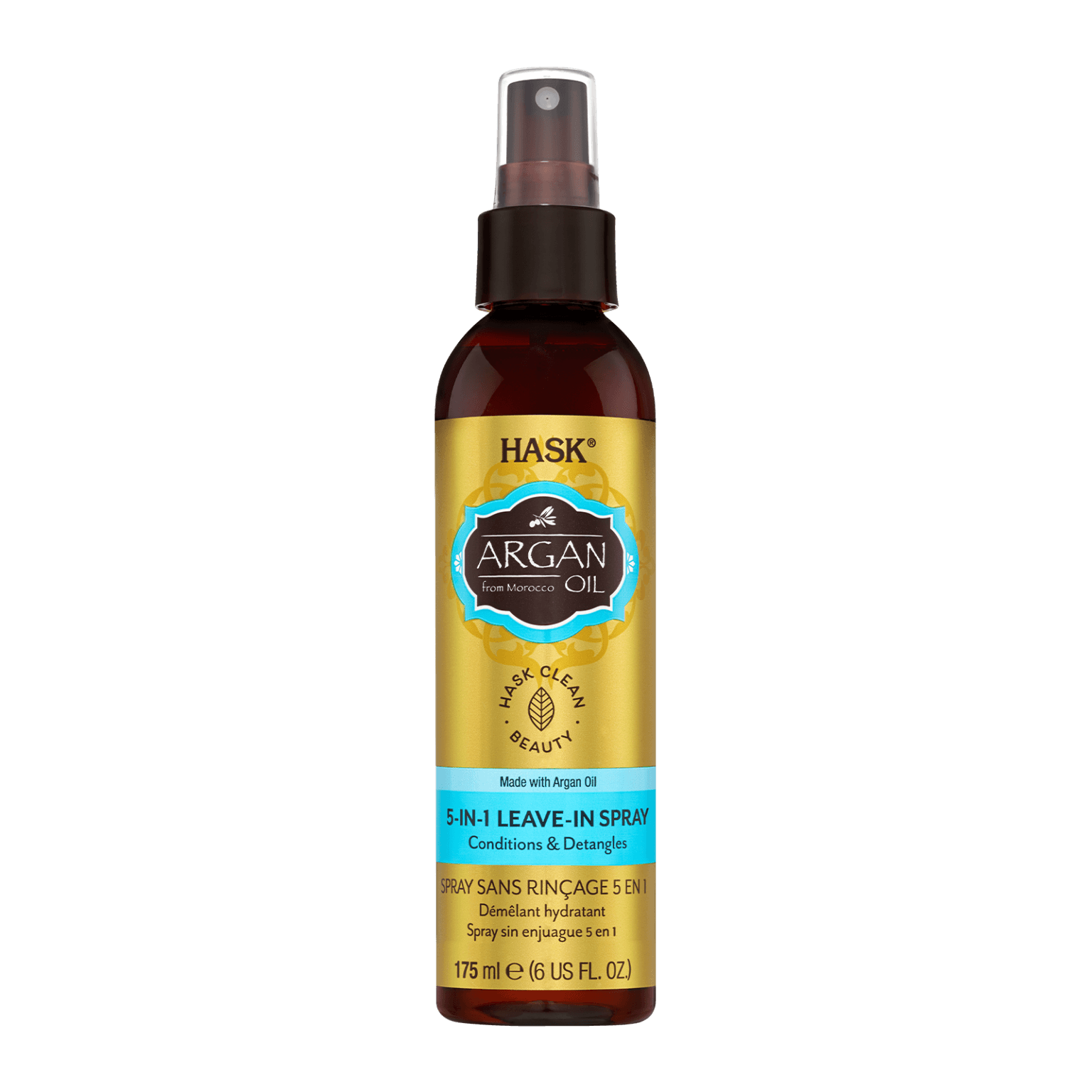 Hask Argan Oil 5-In-1 Leave-in Spray 175 ml for all hair types. This nourishing treatment detangles, adds shine, and hydrates dry, damaged hair.