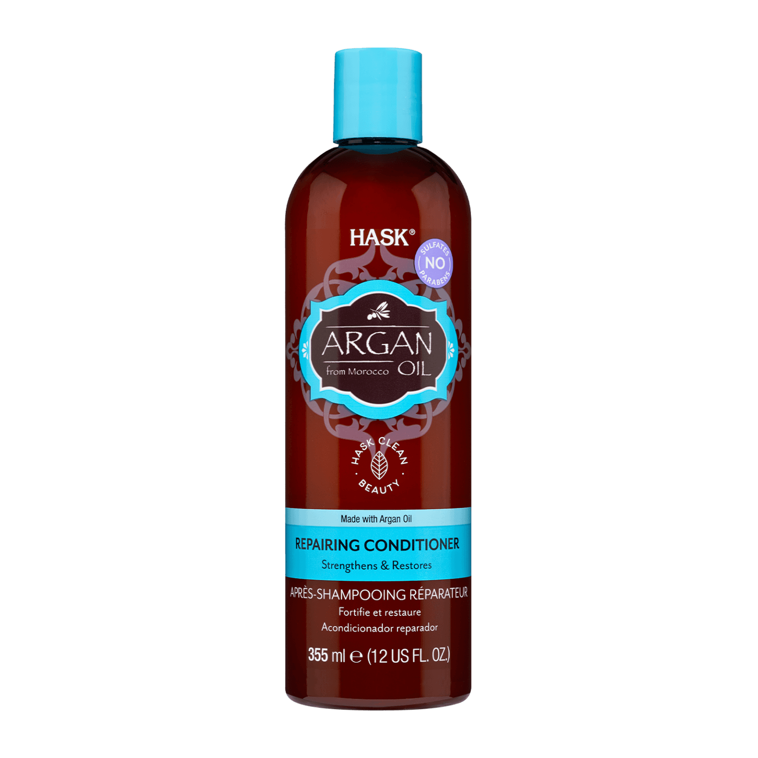 Hask Argan Repairing Conditioner 355 ml enriched with Moroccan Argan oil to nourish and restore damaged, dry, and brittle hair. Free from sulfates and parabens for all hair types.