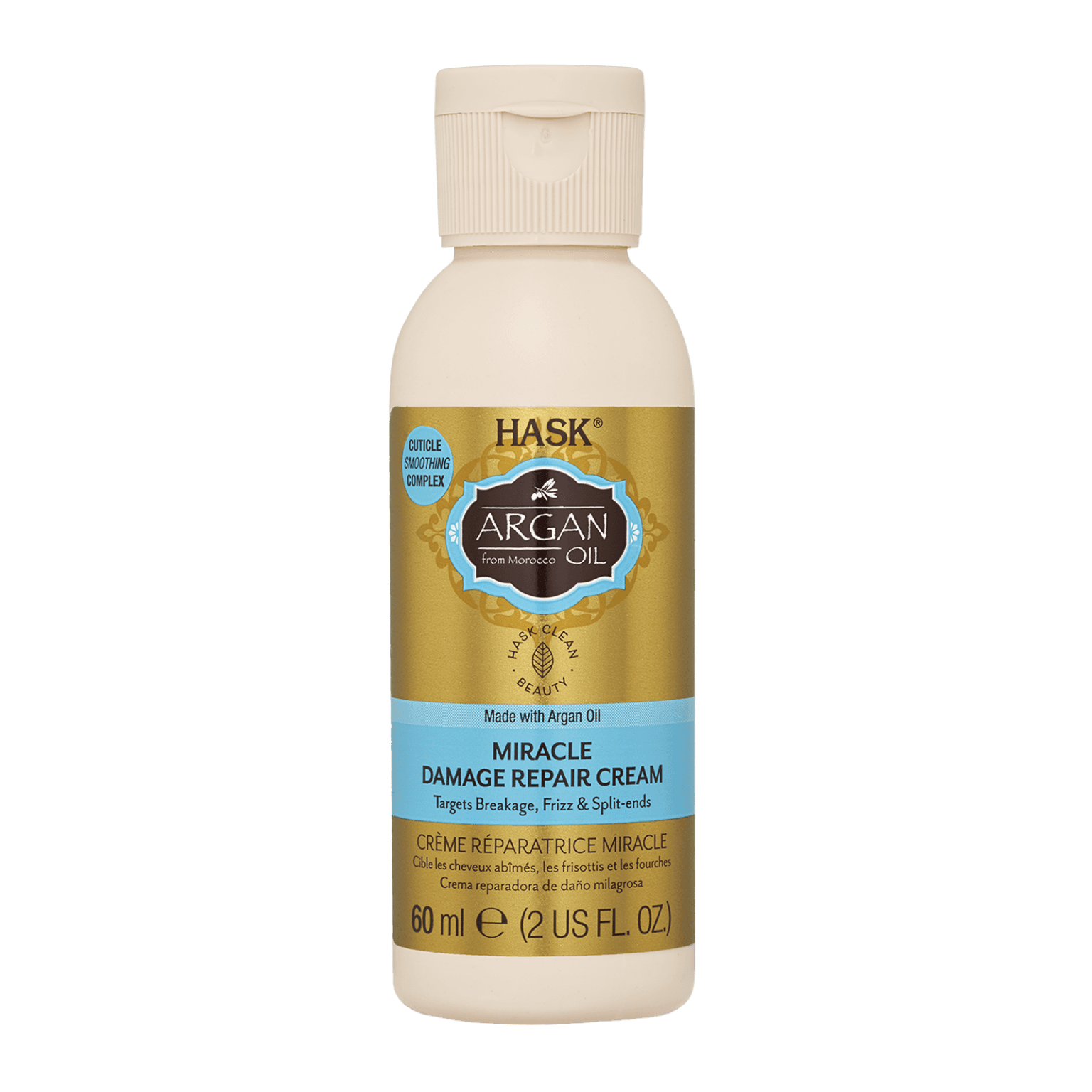 Hask Argan Oil Miracle Damage Repair Cream 60 ml, a leave-in treatment for damaged, brittle, and over-processed hair. Infused with Moroccan Argan Oil to reduce frizz and breakage.