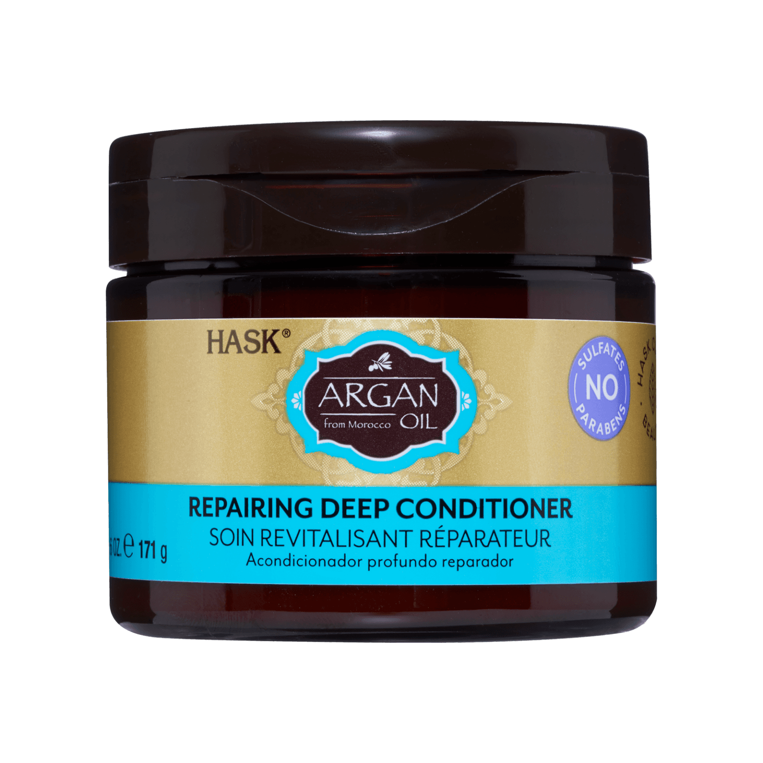 Hask Argan Oil Repairing Deep Conditioner 171 g restores dry, damaged hair with nourishing argan oil. Free from sulfates and parabens for healthy hair care.