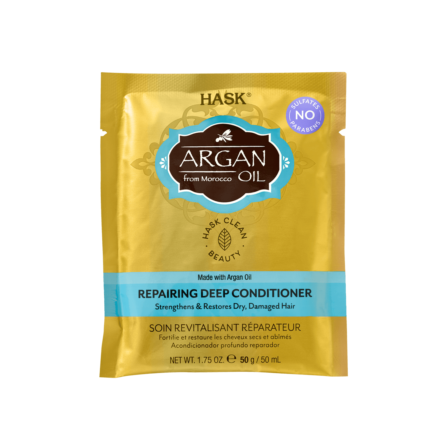Hask Argan Oil Repairing Deep Conditioner Sachet 50 g, a nourishing hair treatment masque designed to restore dry and damaged hair with argan oil.
