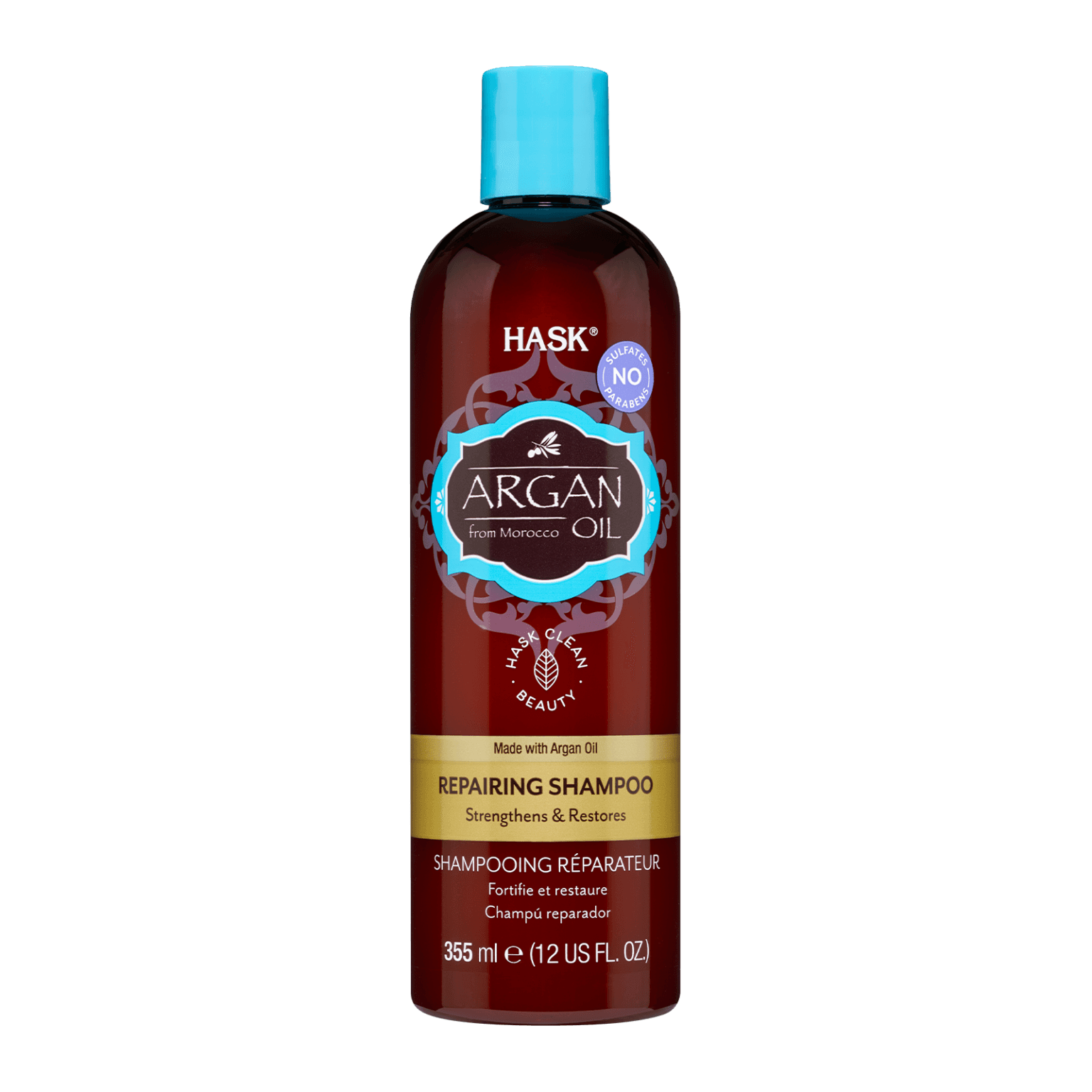 Hask Argan Repairing Shampoo 355 ml infused with Moroccan argan oil to strengthen and restore damaged hair. Free from sulfates and parabens.