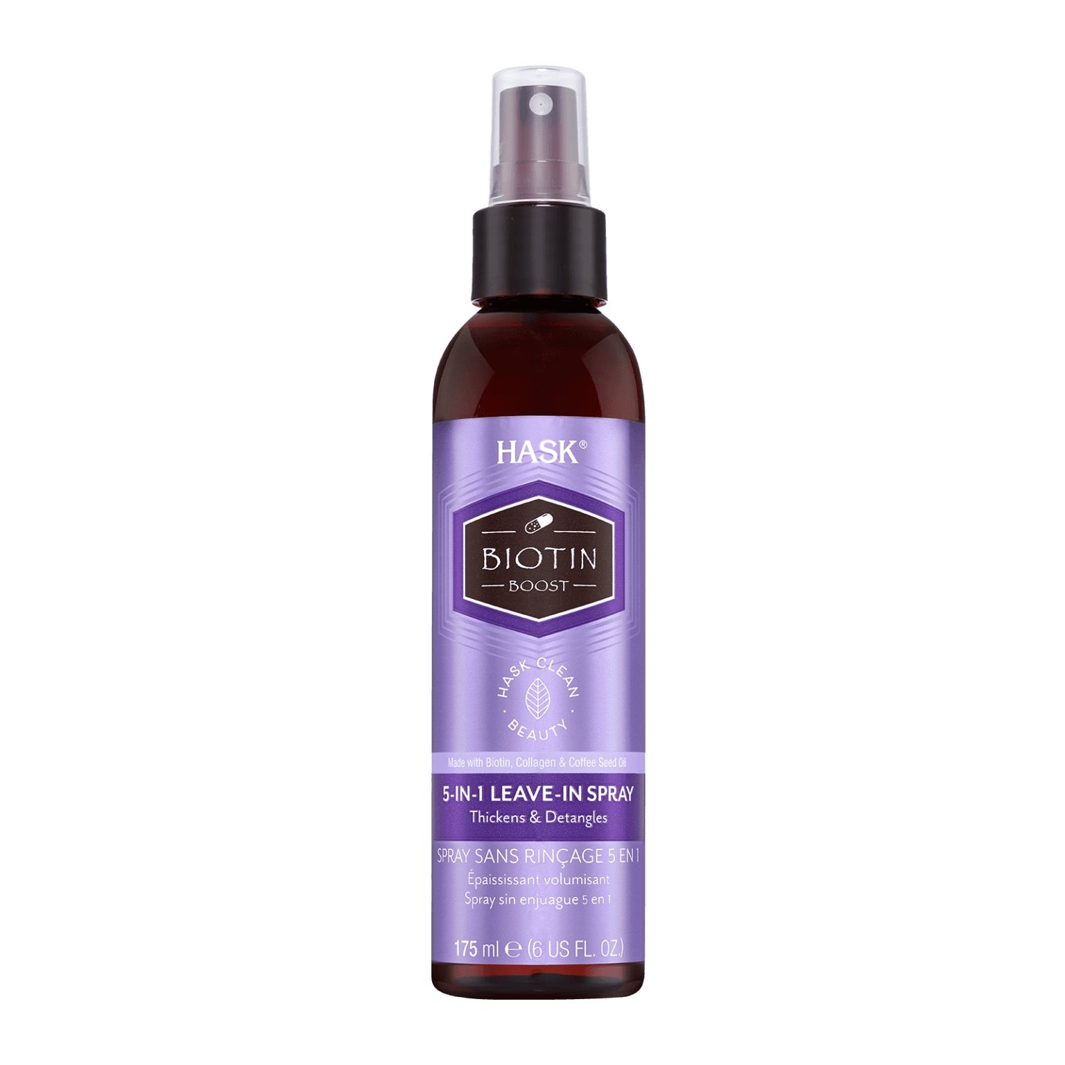 Hask Biotin 5-in-1 Leave-in Spray 175 ML strengthens hair, reduces breakage, and promotes healthy hair. Sulfate and paraben-free formula for fine hair.