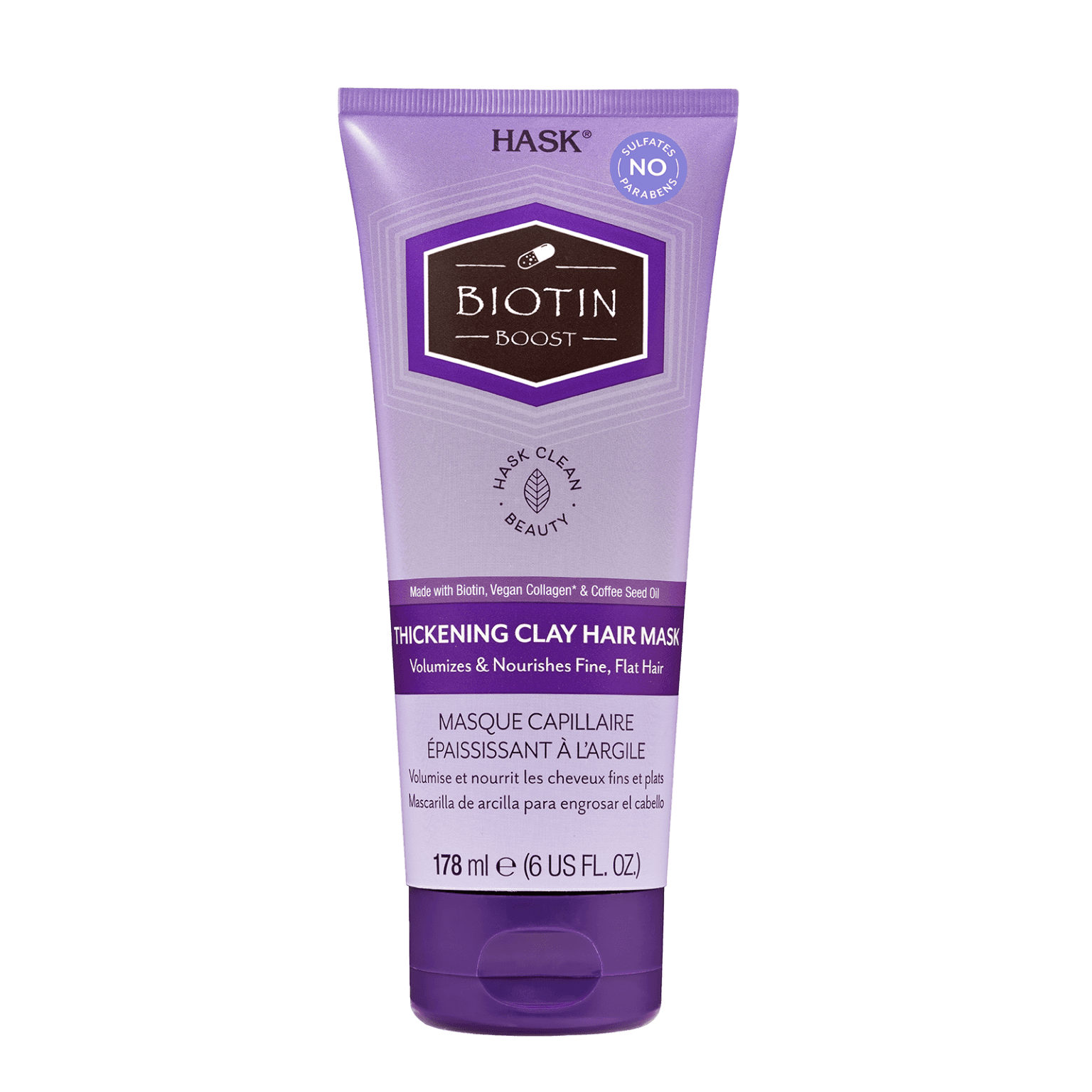 Hask Biotin Boost Thickening Clay Hair Mask 178 ml enhances volume and strengthens fine hair. Infused with biotin, vegan collagen, and caffeine seed oil.