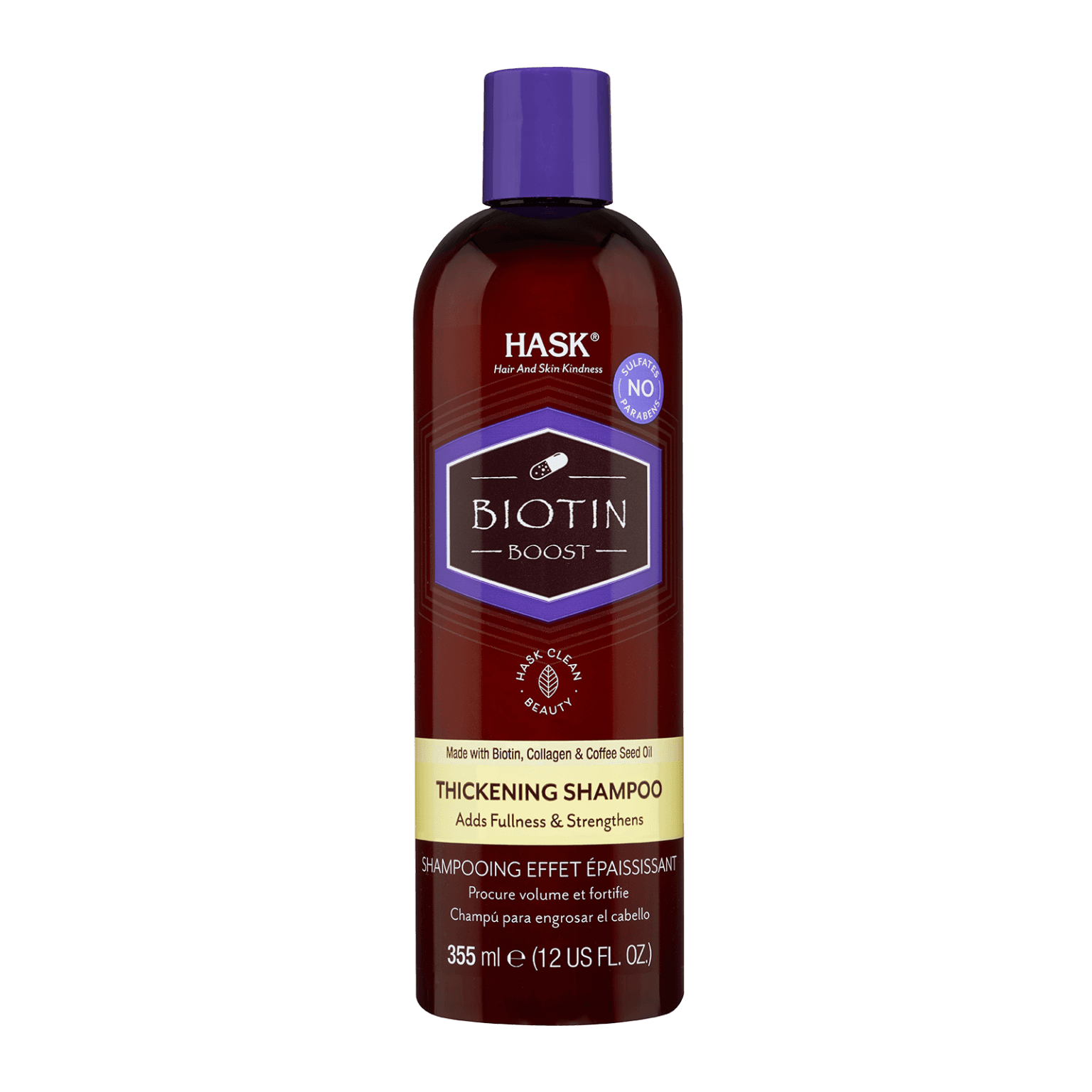 Hask Biotin Thickening Shampoo 355 ml enhances hair thickness and strength with biotin, collagen, and caffeine. Free from sulfates and parabens for healthier hair.