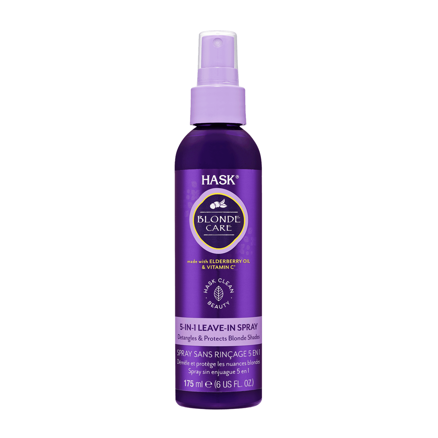 Hask Blonde Care 5-In-1 Leave-in Spray 175 ml, enriched with elderberry oil and vitamin C. This violet-pigmented formula hydrates, protects, and enhances blonde hair.