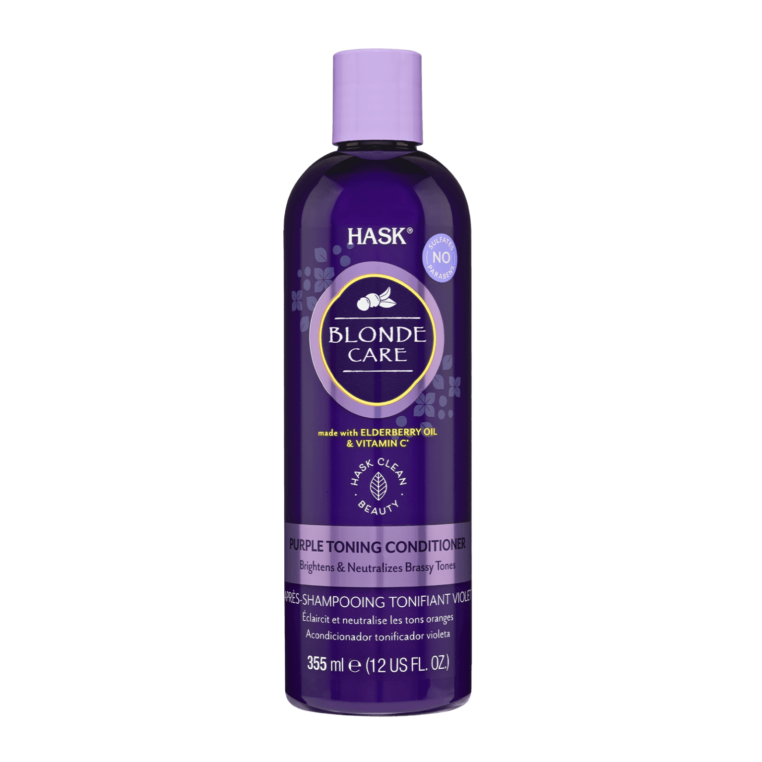 Hask Blonde Care Purple Toning Conditioner 355 ml neutralizes brassy tones and enhances blonde hair. Infused with elderberry oil and vitamin C for nourishment.