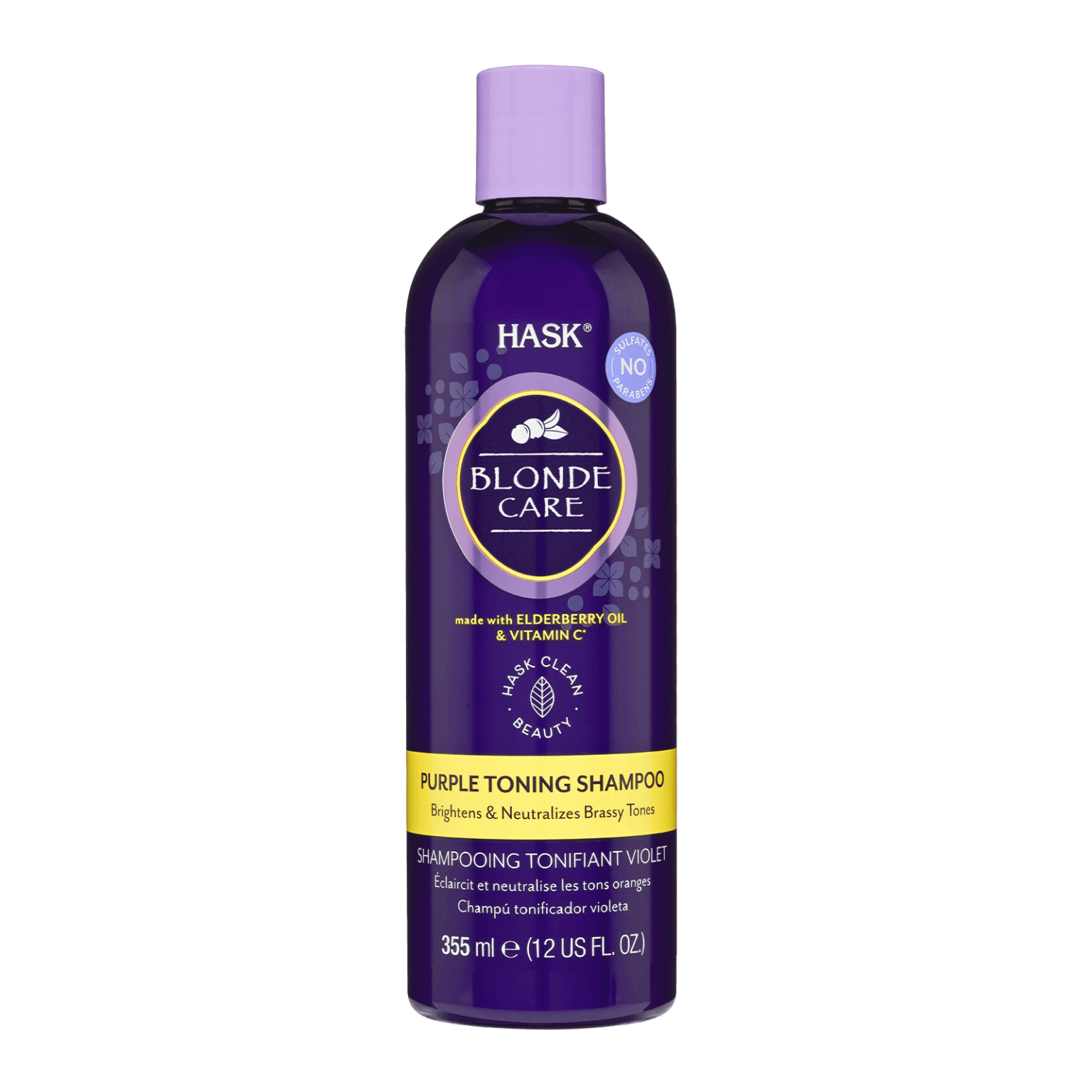 Hask Blonde Care Purple Toning Shampoo 355 ml, enriched with elderberry oil and vitamin C, neutralizes brassy tones for cooler blonde shades. Sulfate-free formula enhances shine and hydration for all blonde hair types.