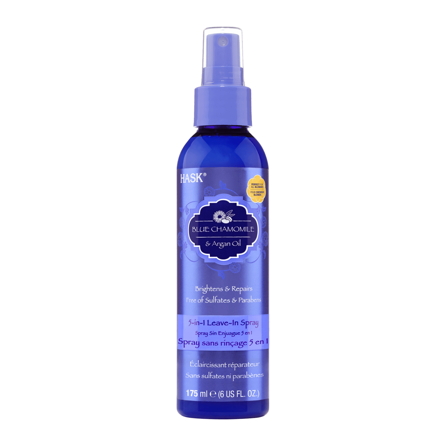 Hask Blue Chamomile 5-In-1 Leave-in Spray 175 ml for all hair types. Sulfate and paraben-free formula detangles, moisturizes, adds shine, protects, and soothes.