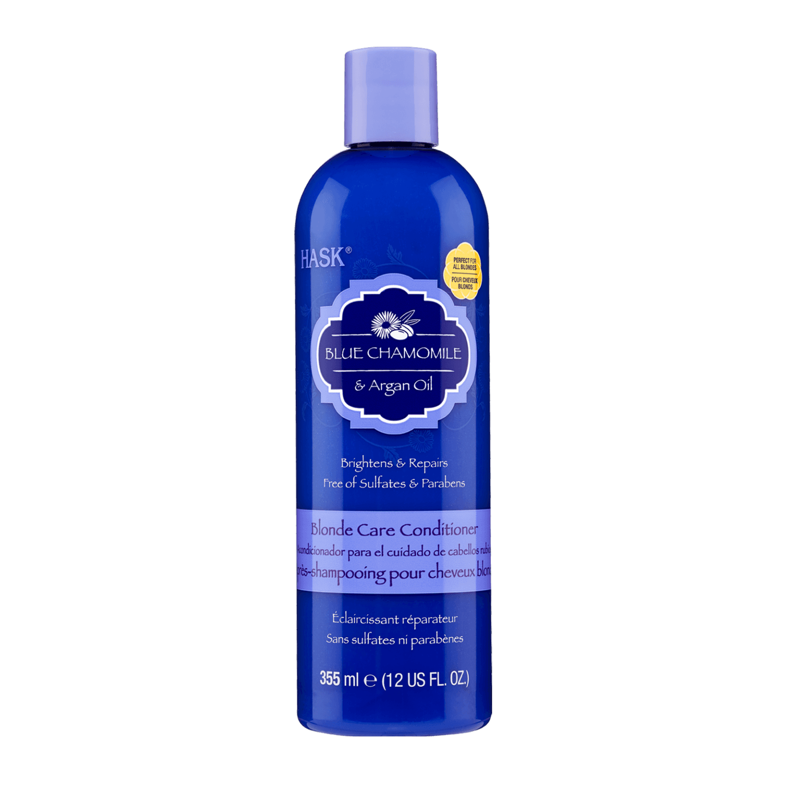 Hask Blue Chamomile Blonde Care Conditioner 355 ml enhances blonde hair by neutralizing brassy tones. Sulfate and paraben-free formula with argan oil.