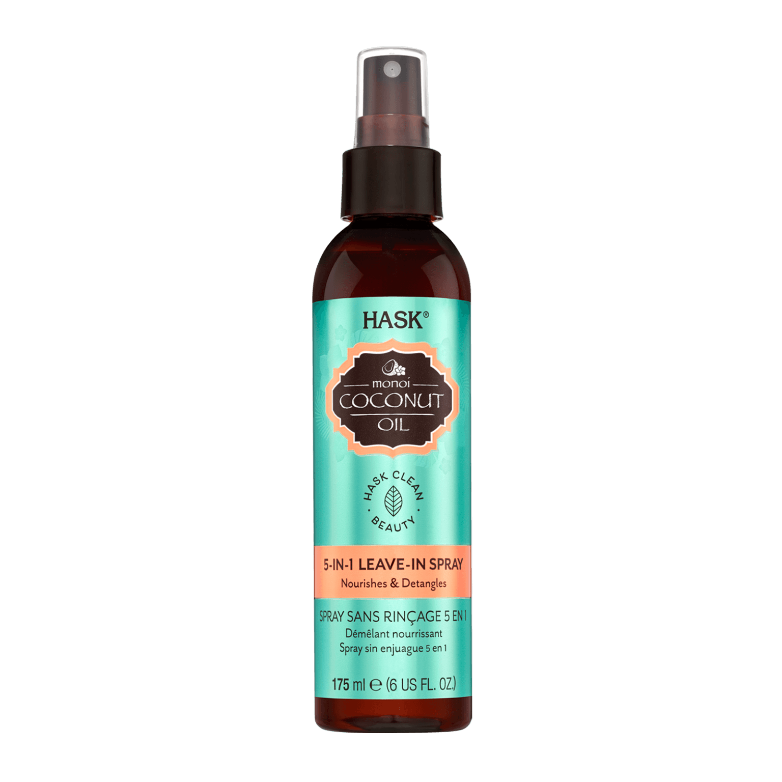 Hask Coconut Oil 5-in-1 Leave-in Spray 175 ML, a nourishing hair treatment enriched with coconut oil. Detangles, hydrates, controls frizz, adds shine, and protects from heat.