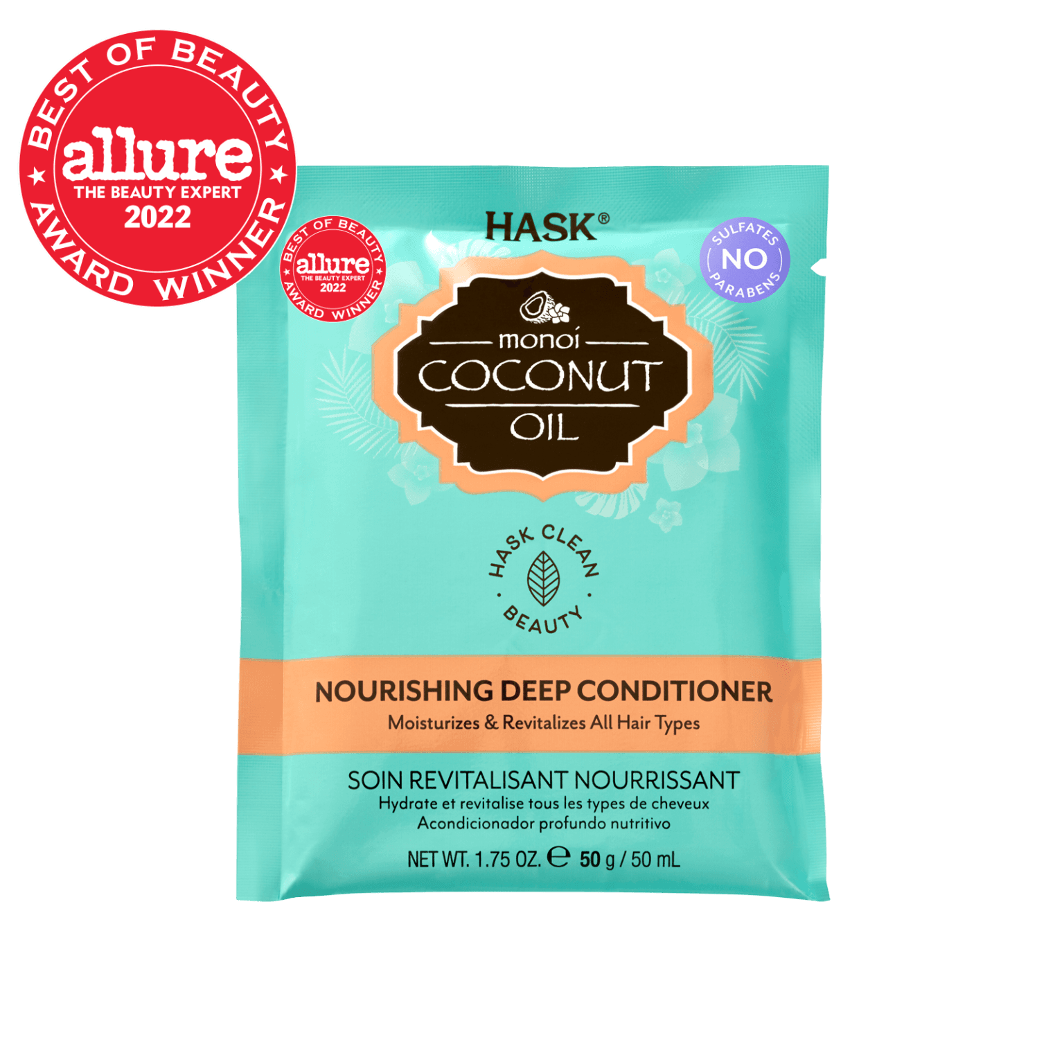 Hask Coconut Oil Nourishing Deep Conditioner Sachet 50 g, a hydrating hair treatment masque infused with coconut oil. Ideal for dry and damaged hair, free from sulfates and parabens.