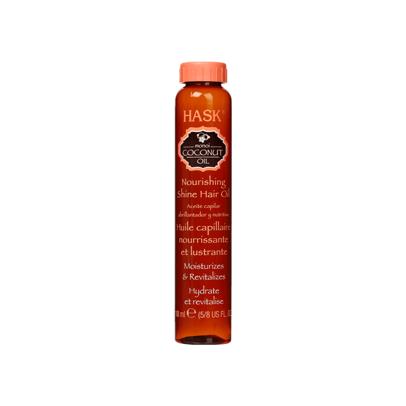Hask Coconut Oil Nourishing 18 ml hair oil deeply hydrates and revitalizes dry, frizzy hair. Free from sulfates and parabens for healthy hair care.