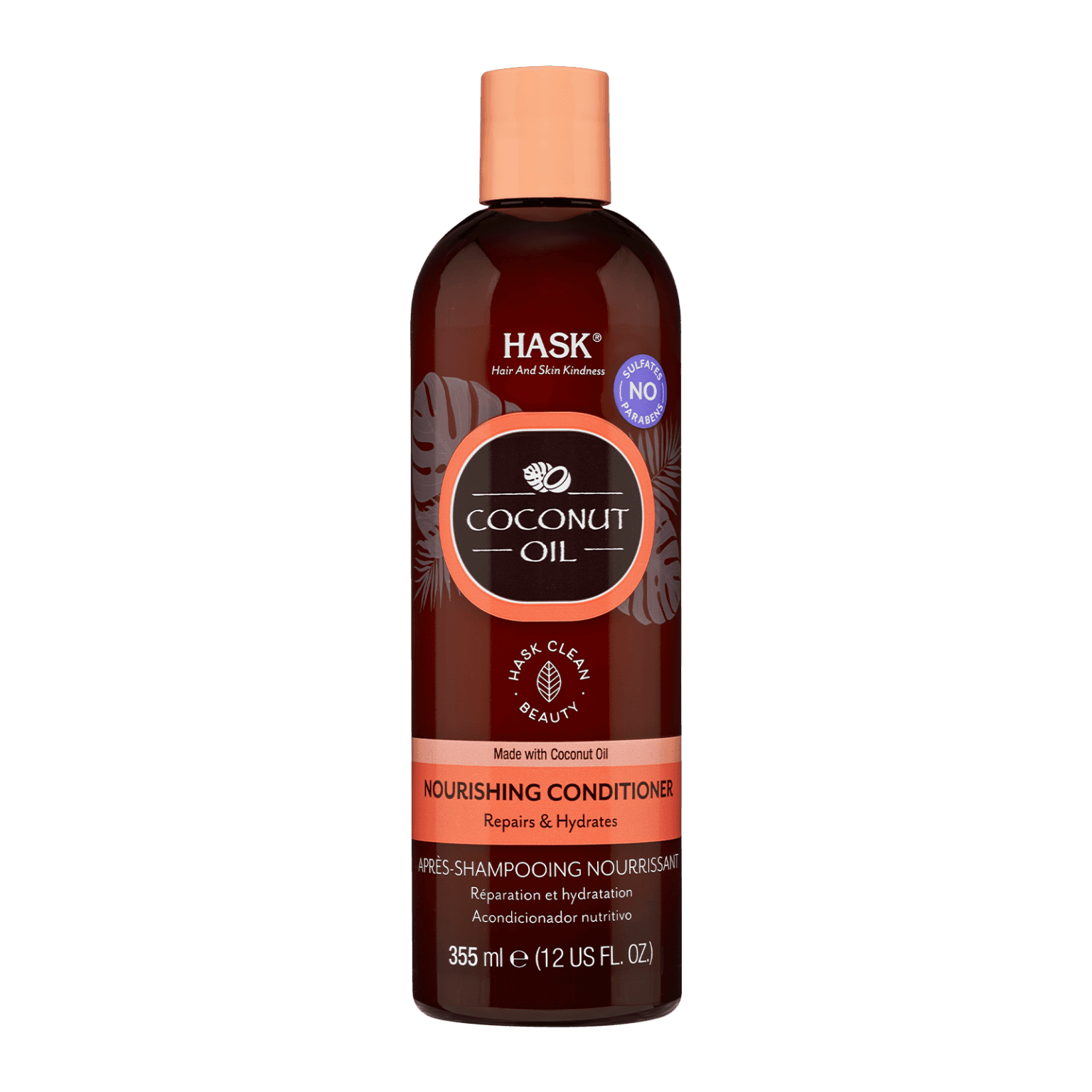 Hask Coconut Oil Nourishing Conditioner 355 ml hydrates and repairs dry, damaged hair. Free from sulfates and parabens for healthy, nourished locks.