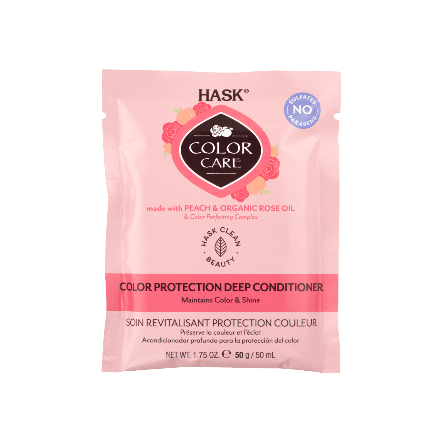 Hask Color Protection Deep Conditioner 50 G, infused with peach and organic rose oil, nourishes and protects color-treated hair. Free from parabens and sulfates for vibrant, long-lasting color.