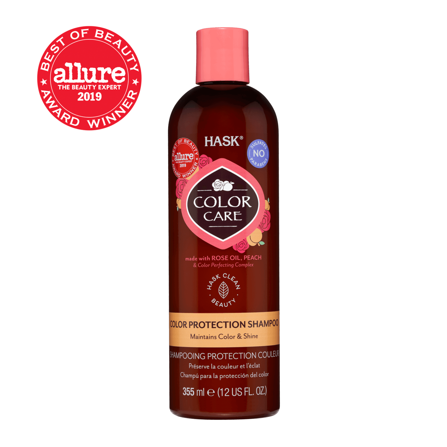 Hask Color Protection Shampoo 355 ml for color-treated hair. Infused with rose oil and peach, this sulfate-free formula helps maintain vibrant color and shine.