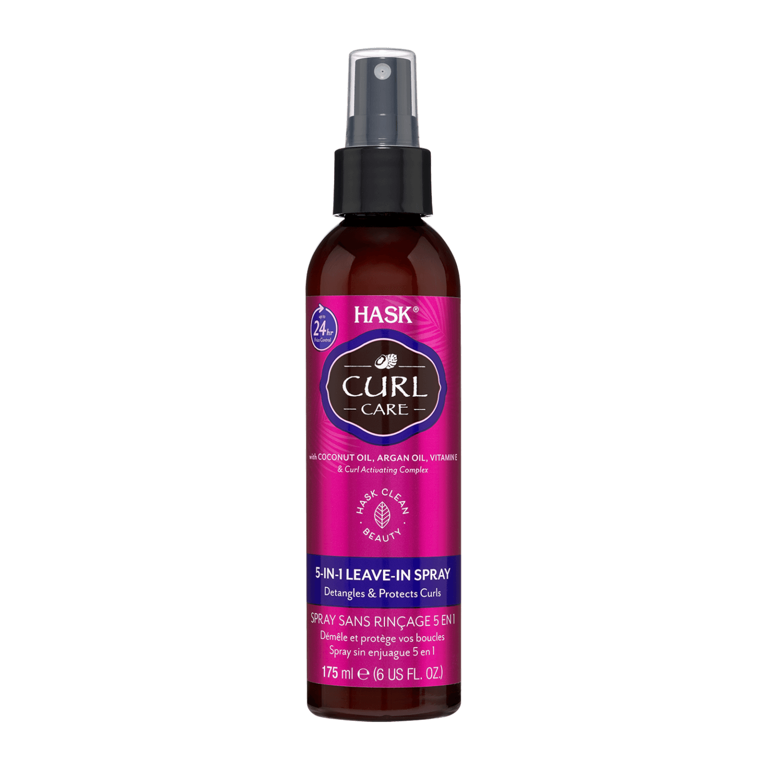 Hask Curl Care 5-in-1 Leave-in Spray 175 ML for curly hair. Infused with coconut oil, argan oil, and vitamin E, it detangles, protects, and defines curls.