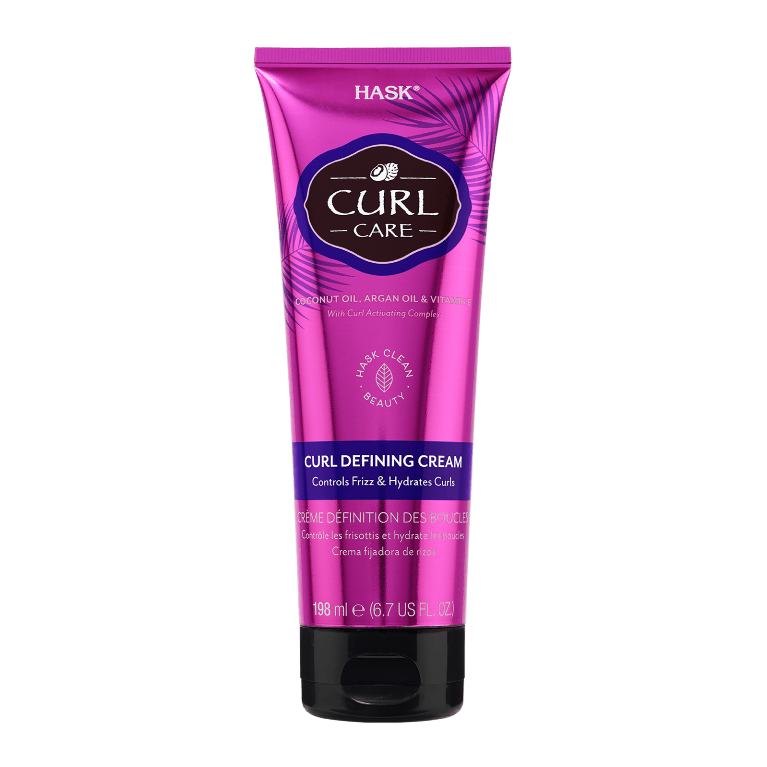 Hask Curl Care Curl Defining Cream 198 ml in a vibrant pink tube. Enriched with coconut oil, argan oil, and vitamin E for frizz-free, defined curls.